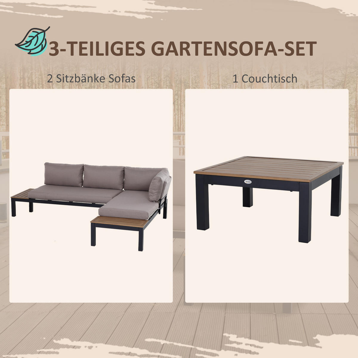 GARTENMÖBEL-SET, Aluminium, Polyester, Schaumstoff, Grau+Natur - Multicolor, Metall - Outsunny