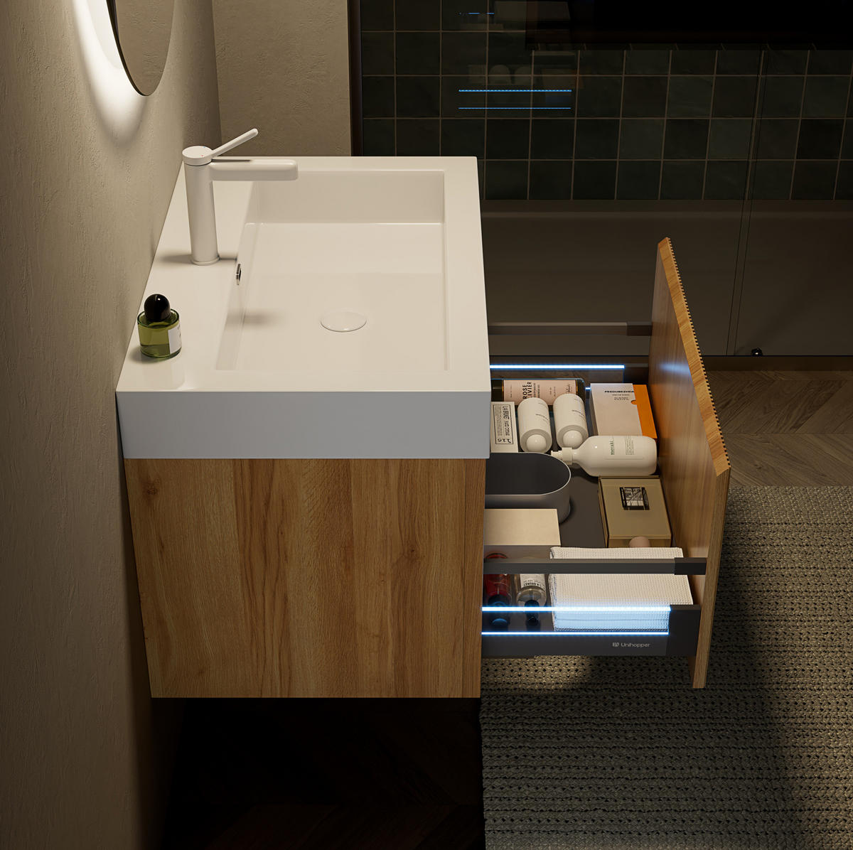 WASCHTISCHUNTERSCHRANK 70x46x50cm Naturholz/Weiß mit Resinbecken & LED-Schubladensystem - Naturfarben, Kunststoff (70/50/46cm) - Modfu