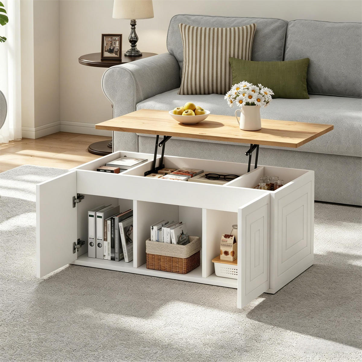 COUCHTISCH 46x95x45cm Naturholz höhenverstellbar - Weiß/Naturfarben, Holzwerkstoff (95/46/45cm) - FLIEKS