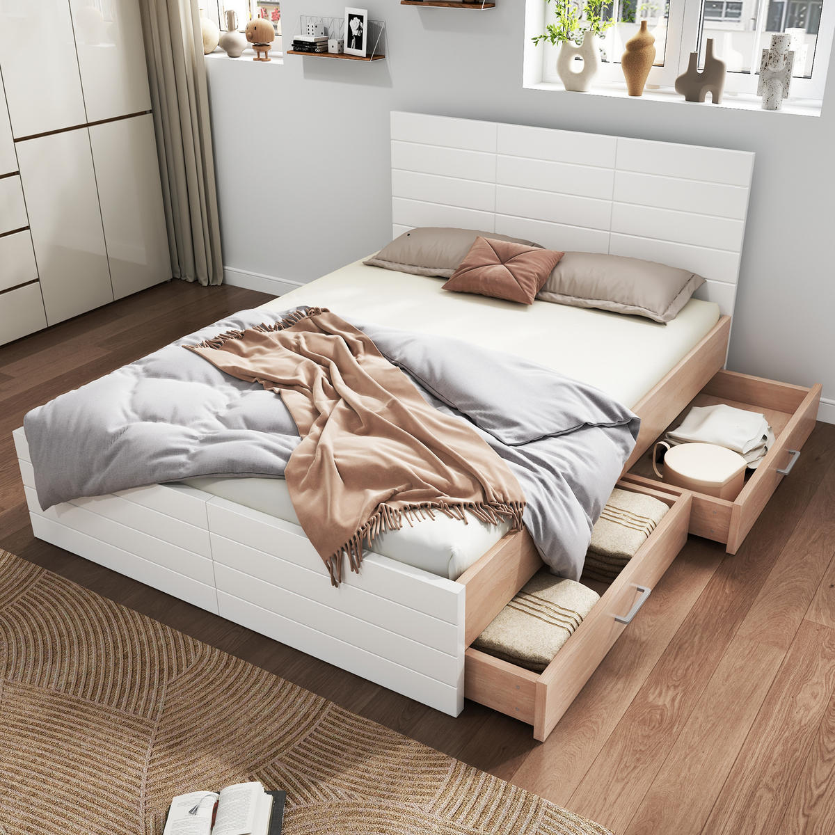POSTEL z masivu a MDF, 140/200 cm bílá/dub, s úložným prostorem a matrací - bílá, kompozitní dřevo (140/200cm) - BEAOK