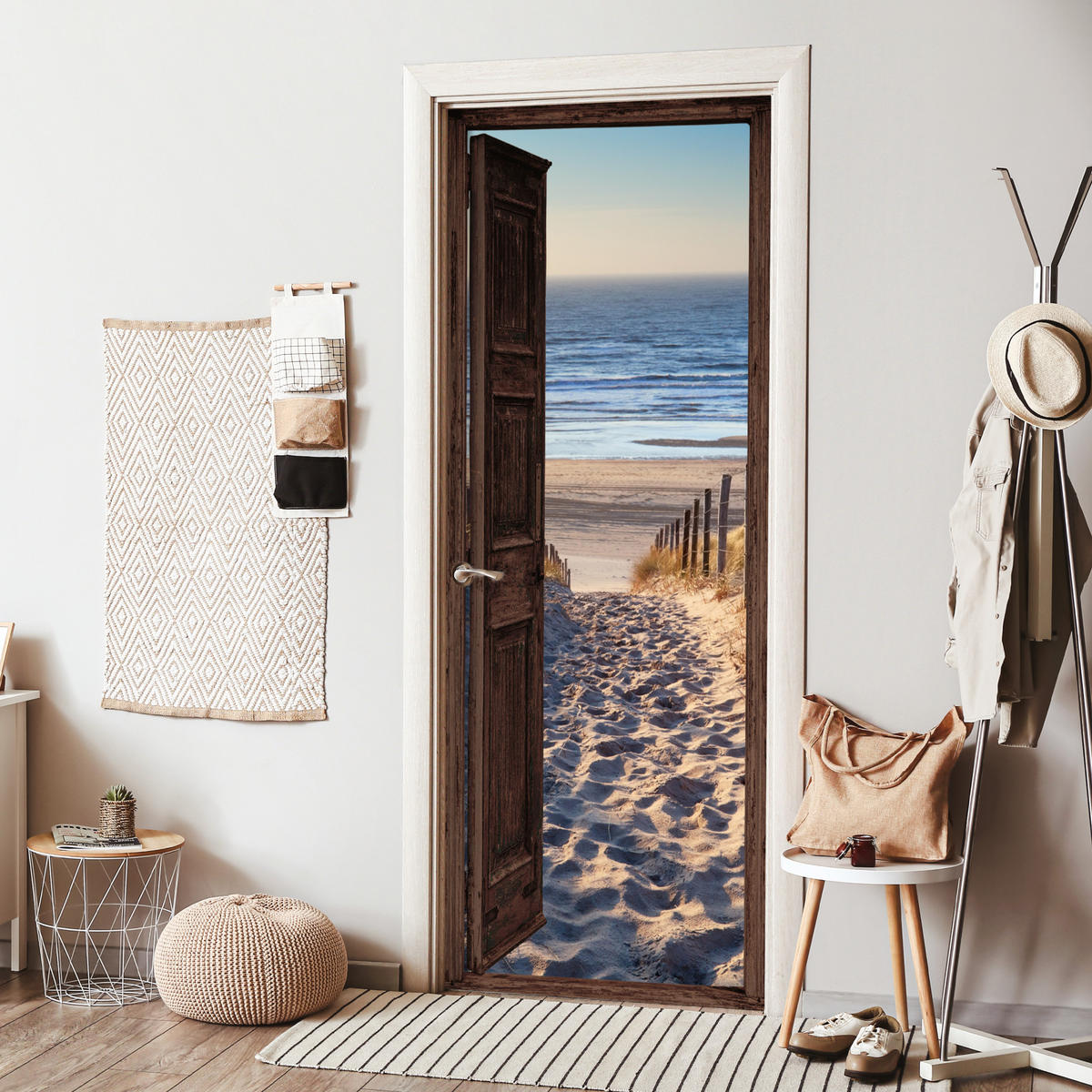 TÜRAUFKLEBER Selbstklebend - Fensterblick - Strand - Meer - Weg - Dünen 95x235 cm - Türtapete - Sandfarben, Kunststoff (95/0.1cm) - MuchoWow