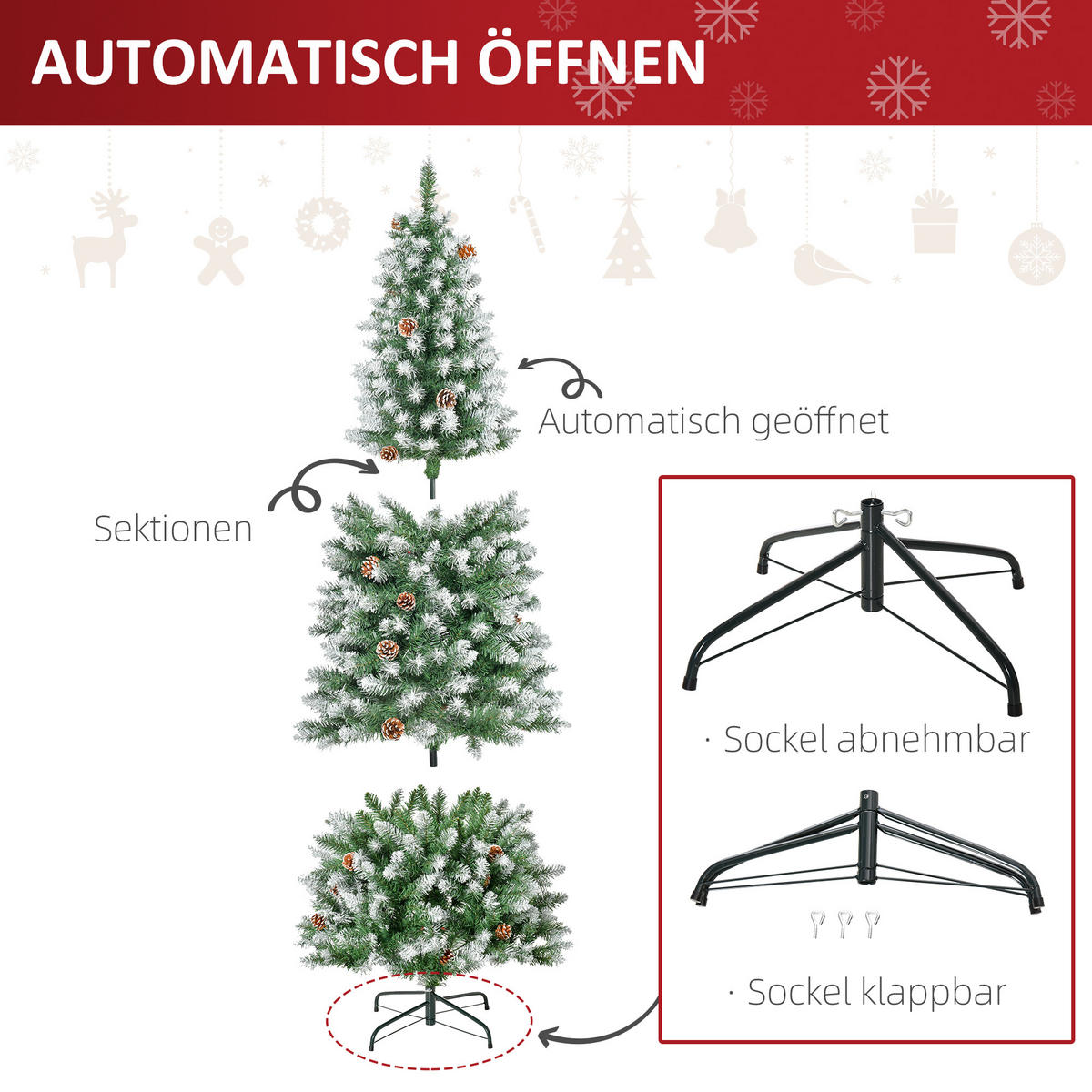 KÜNSTLICHER Weihnachtsbaum, 180 cm Christbaum mit Kunstschnee, Indoor - Grün, Kunststoff/Metall (180cm) - HOMCOM