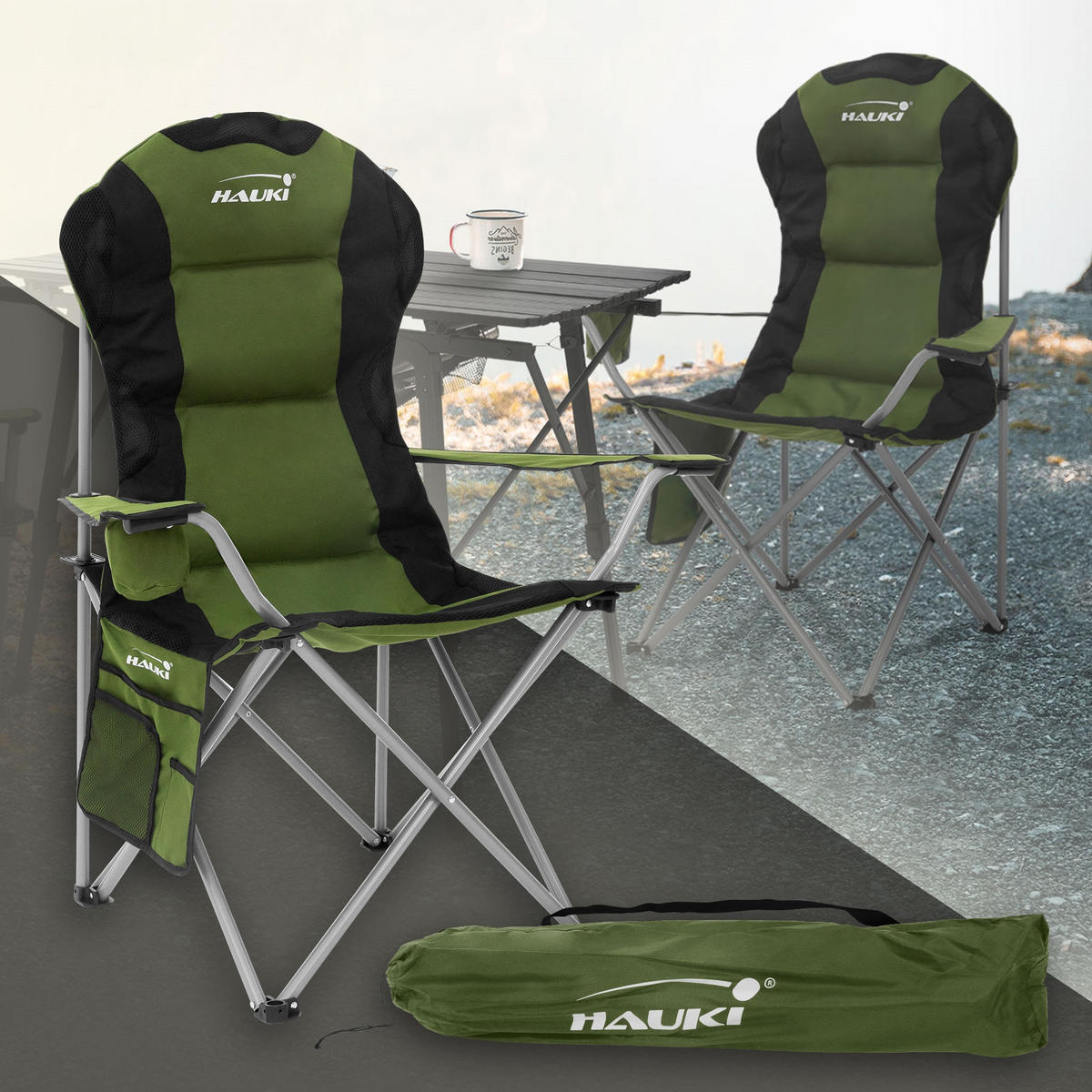 KEMPINGOVÁ ŽIDLE khaki - zelená barva, kov (95/110/56cm) - Hauki