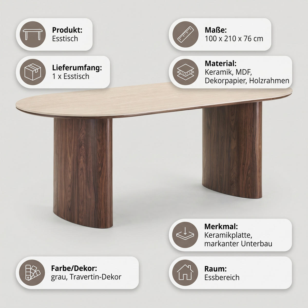 ESSTISCH Minamata 100 x 210 x 76 cm, Keramik-Tischplatte Travertin / Walnuss-Dekor - Grau, Holzwerkstoff (210/100/76cm) - ebuy24