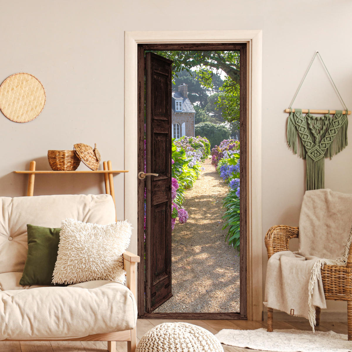 TÜRAUFKLEBER Selbstklebend - Fensterblick - Hortensie - Tür - Blumen - Natur 90x205 cm - Türtapete - Beige, Kunststoff (90/0.1cm) - MuchoWow