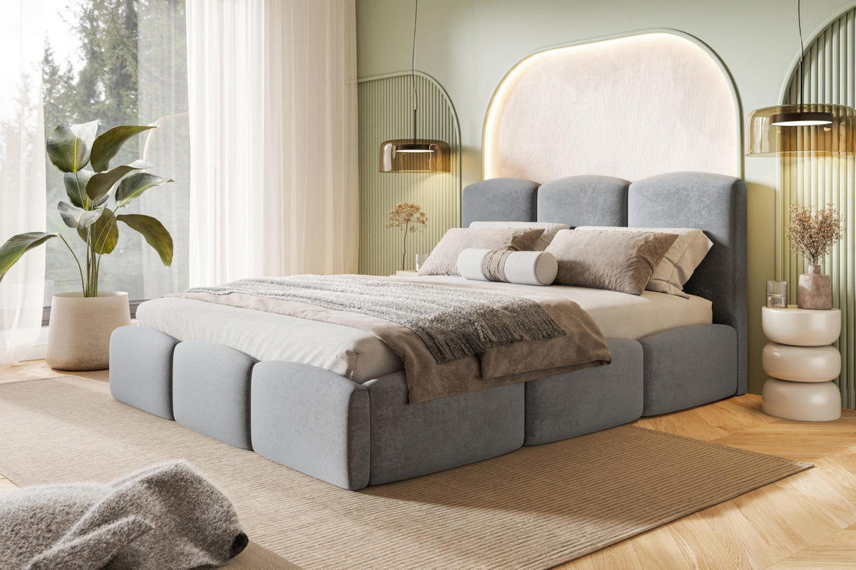 BETT 90x200 - Polsterbett mit Bettkasten und Holzrahmen - Modern Betten - Weicher Jasminstoff - Kollektion Zoya - Grau - Grau, Holz/Textil (90/200cm) - Alpi-Möbel