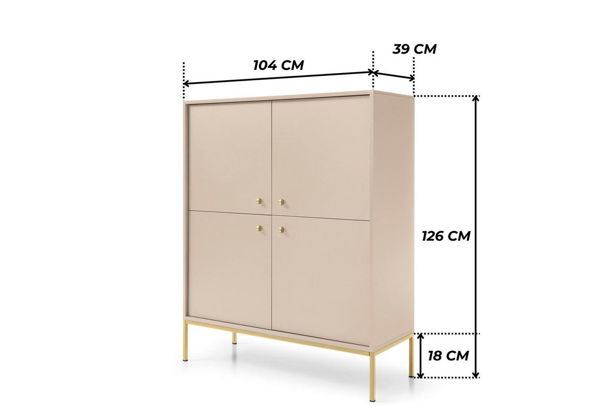 HOCHKOMMODE BARI KW4D (Beige, Goldene Griffe, Goldenes Gestell) - Beige/Goldfarben, Holz/Holzwerkstoff (104/126/39cm) - Ravio