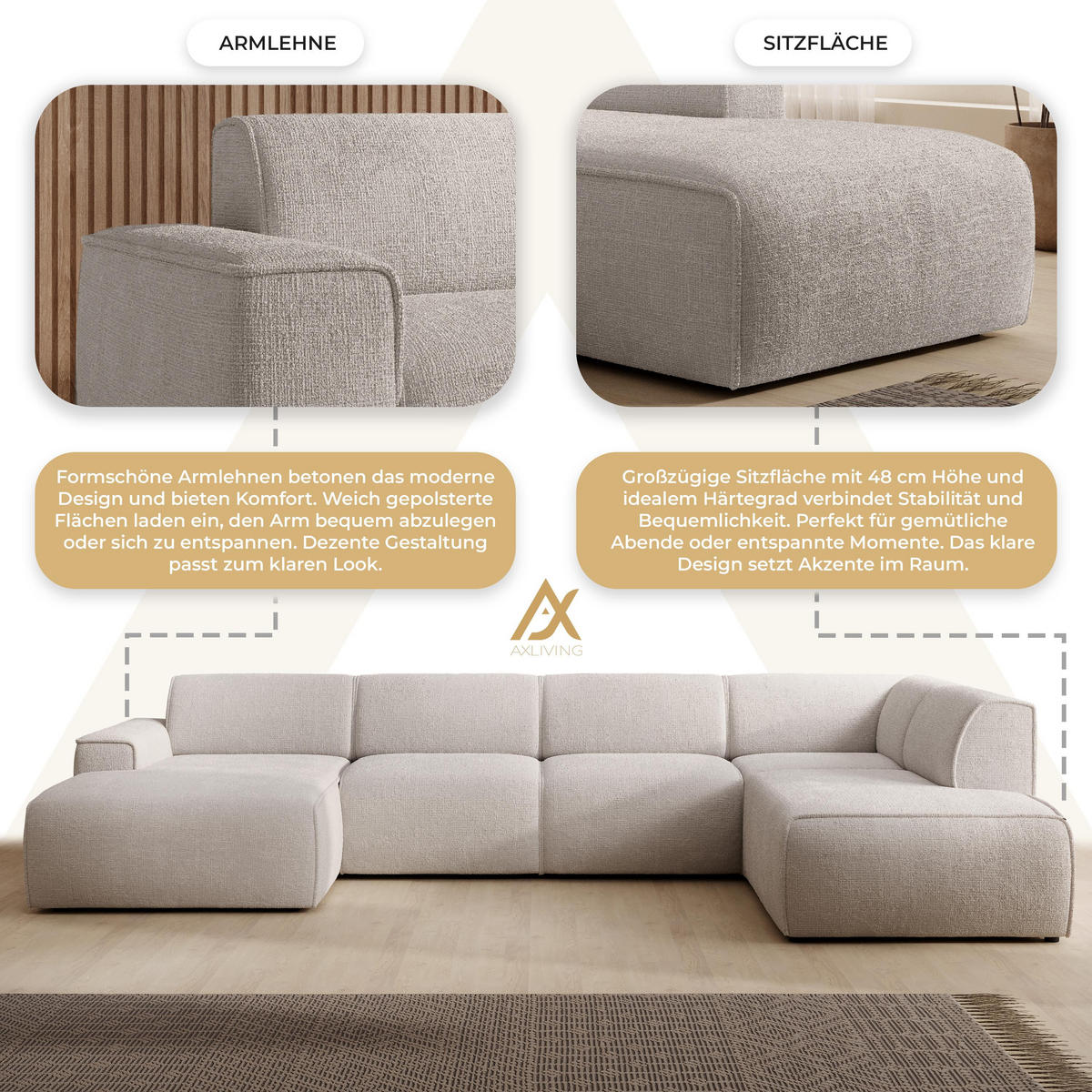 WOHNLANDSCHAFT Didim Creme 378/220/78 cm – großes Sofa stilvoll & bequem R - Creme/Schwarz, Kunststoff/Textil (378/78/220cm) - AX Living