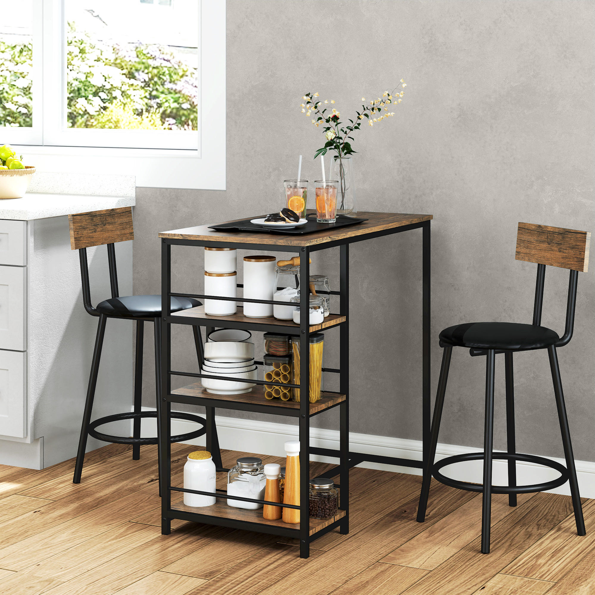 BARTISCH mit Barhocker Set, Stahl, Eiche - Naturfarben, Metall (90/90.5/50cm) - HOMCOM