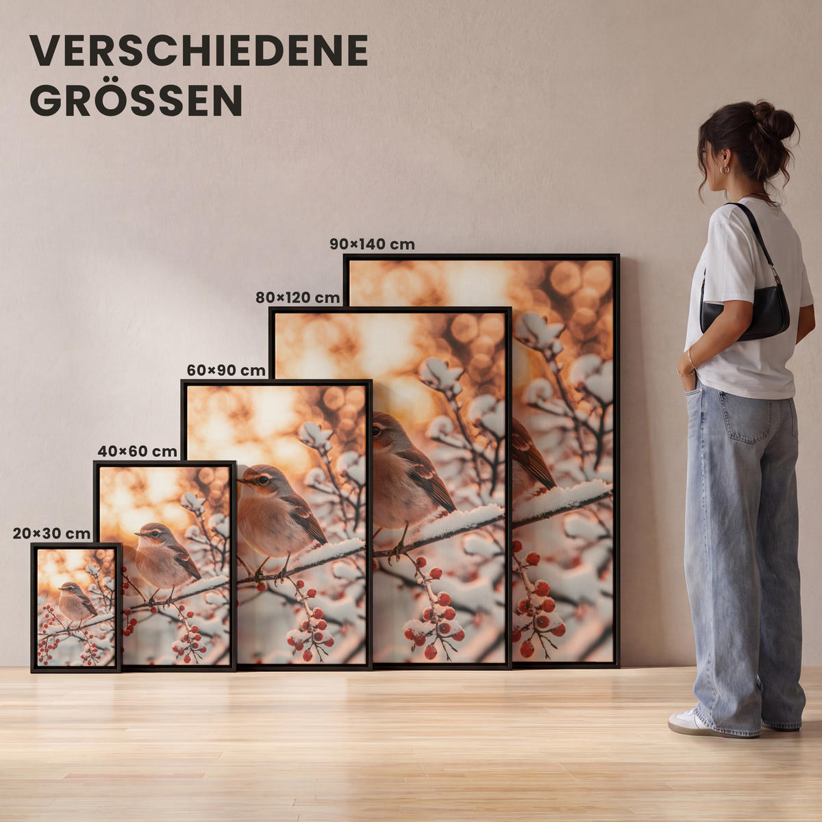LEINWAND Bilder mit Rahmen - Vogel - Zweig - Winter - Tiere - Schnee - 40x60 - Bernsteinfarben, Textil (40/60cm) - MuchoWow