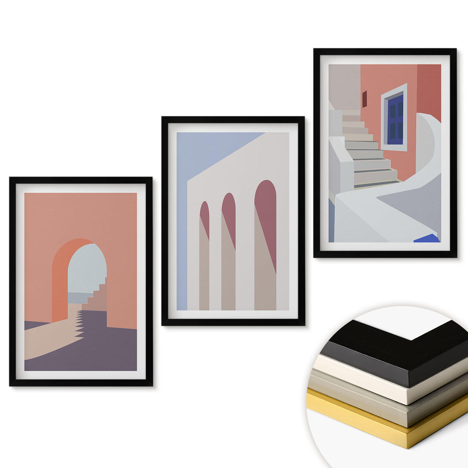 WANDBILDER 3er-Set - 40x60 cm Schwarzer Rahmen - Minimalistische Architekturillustrationen - Schwarz, Kunststoff (40/60cm) - ArtPrintCave