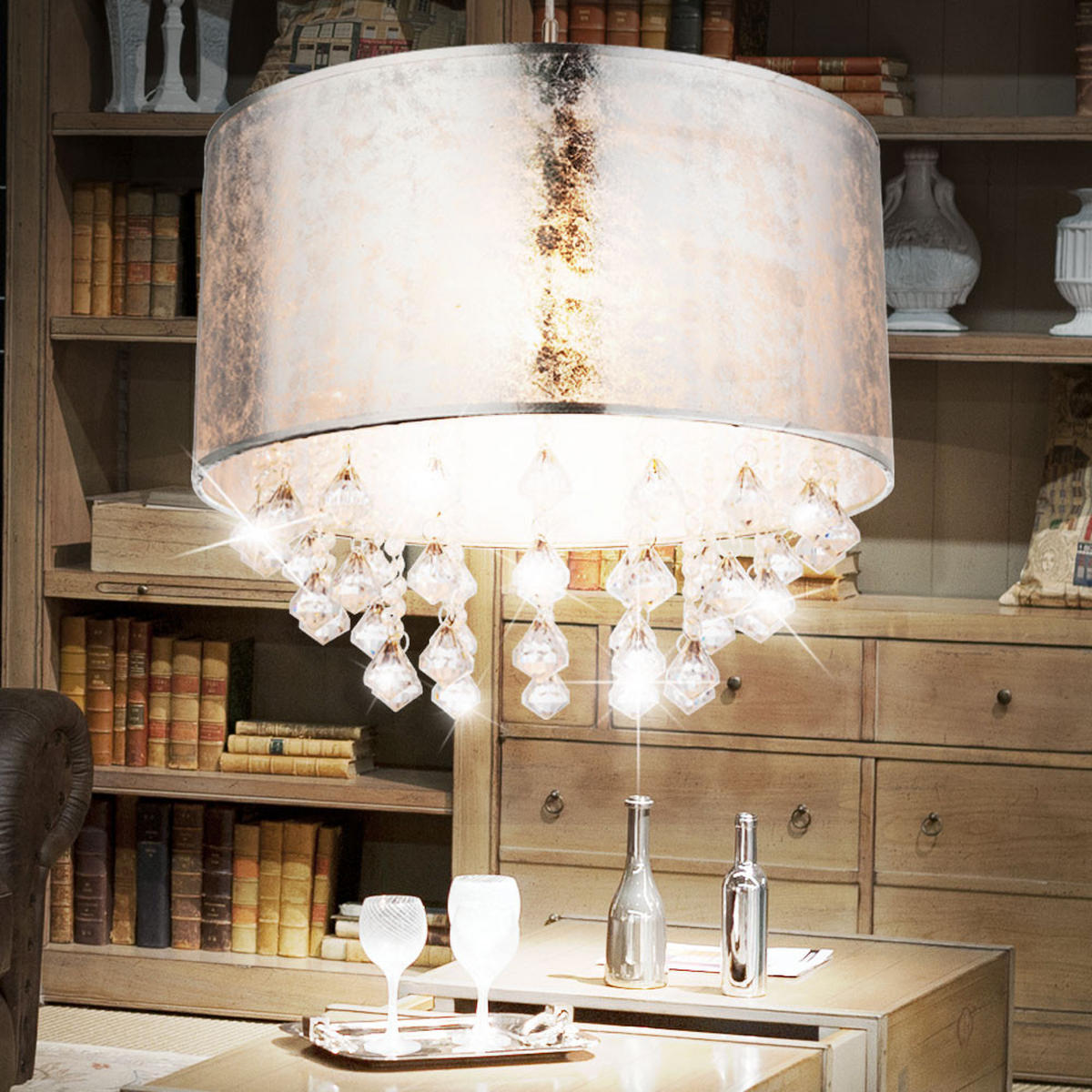 LED HÄNGELEUCHTE AMY Silber Textil - Silberfarben, Metall (40/40/140cm) - Globo Lighting