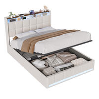 POLSTERBETT 140x200 cm Beige mit LED Beleuchtung, Kopfteil mit Stauraum und USB/Type-C, hydraulisches Stauraumbett - Beige, Metall (140/200cm) - EuroLiving