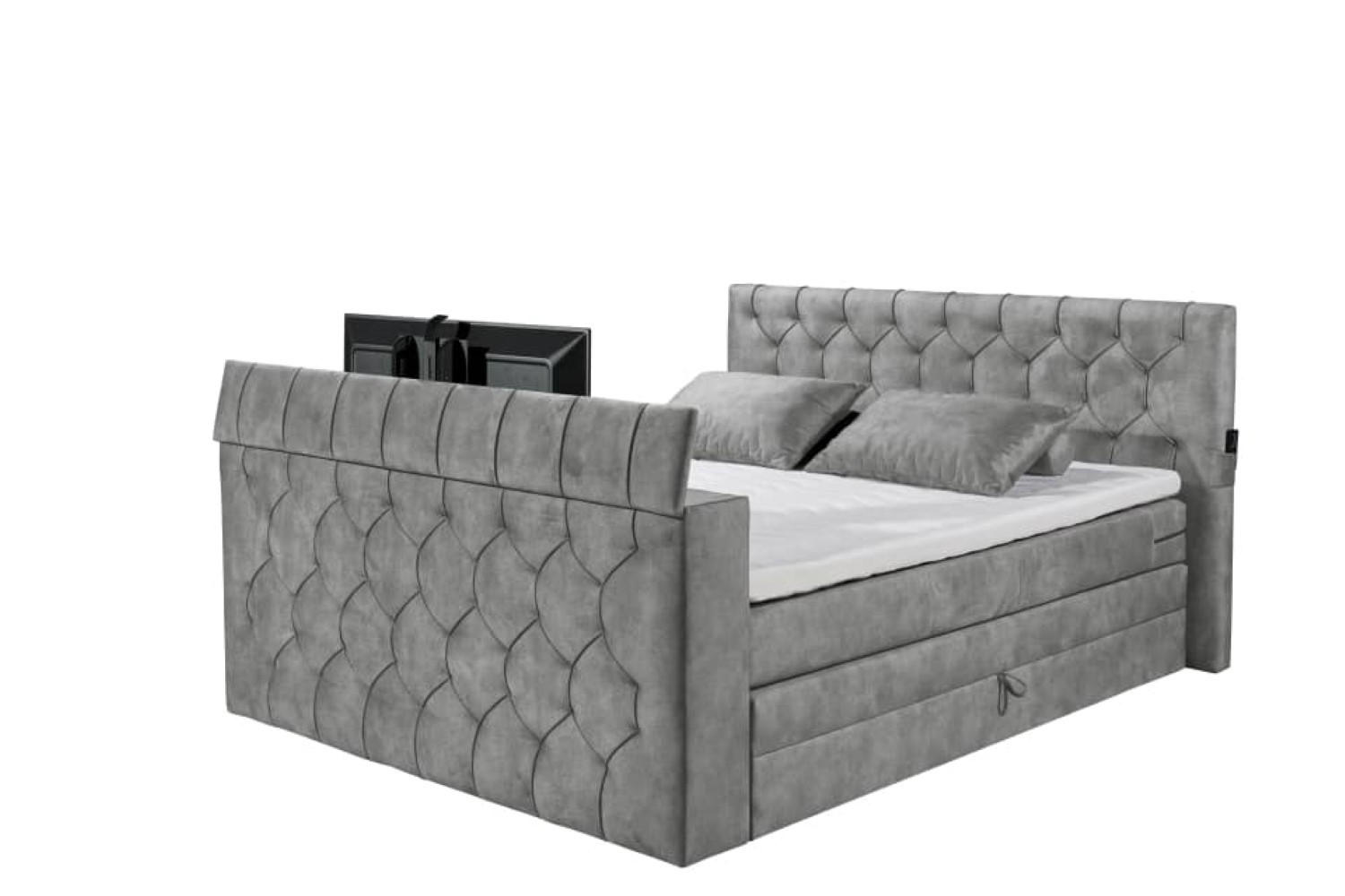 BOXSPRINGBETT 180x200 – motorisierte TV‑Halterung, Gel-Lux-Topper, Duo‑Wendematratze H3/H4 - Dunkelgrau/Grau, Textil (180/200cm) - ed exciting design