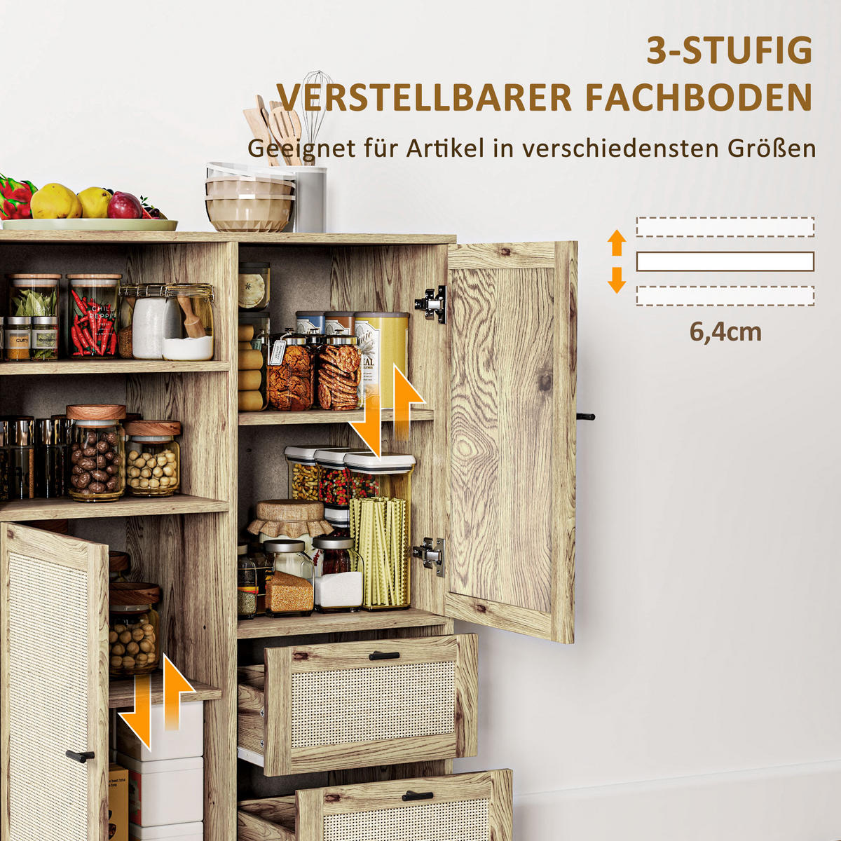KOMMODE mit Rattan-Türen, Metallrahmen - Naturfarben, Holzwerkstoff (80/120/40cm) - HOMCOM