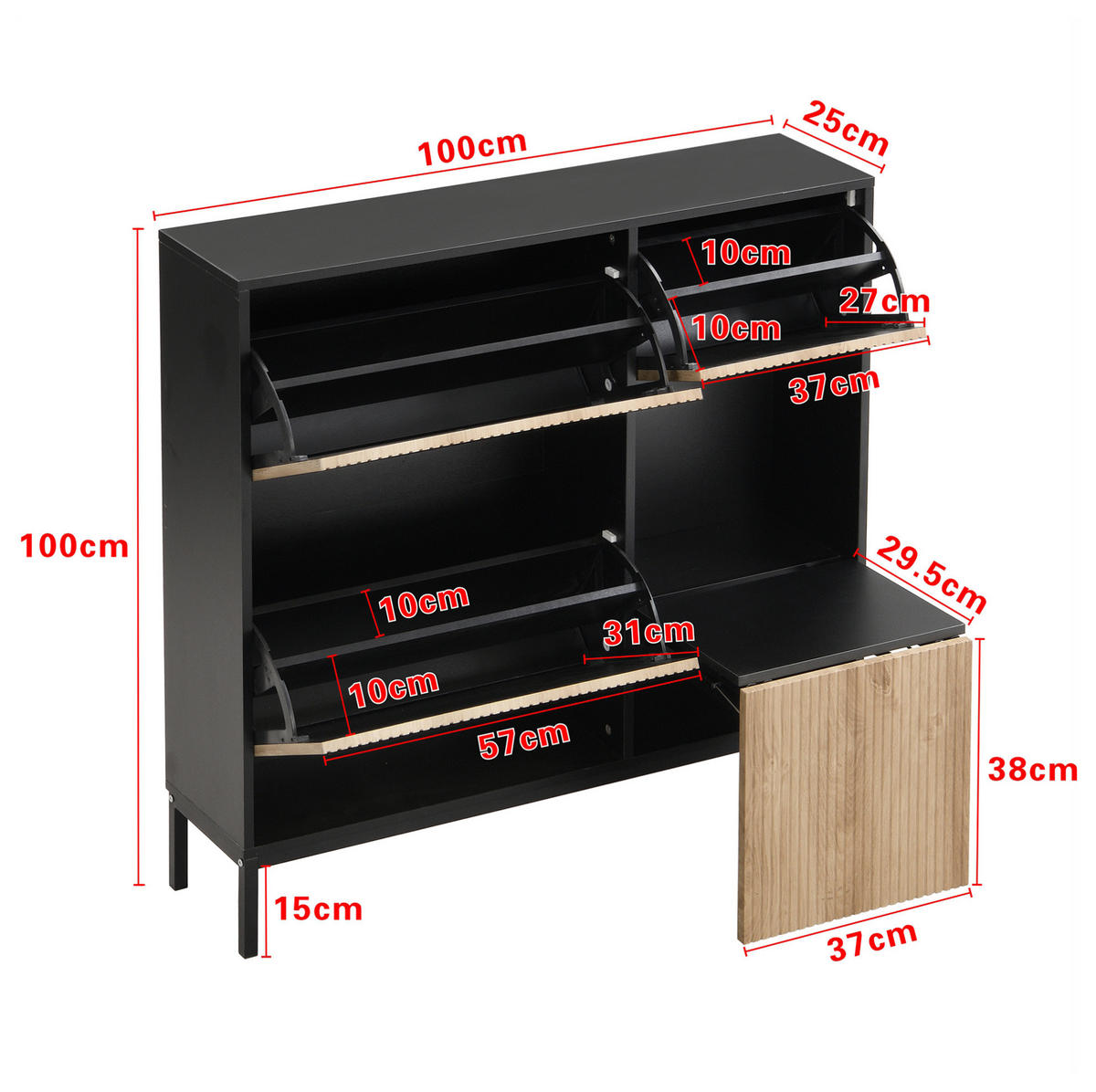 SCHUHSCHRANK mit 2 Schubladen und 2 Türen, strukturierte Paneele mit vergoldeten Akzenten, 100/25/100 cm, Schwarz und Holzfarbe - Naturfarben, Holzwerkstoff (100/25/100cm) - Redom