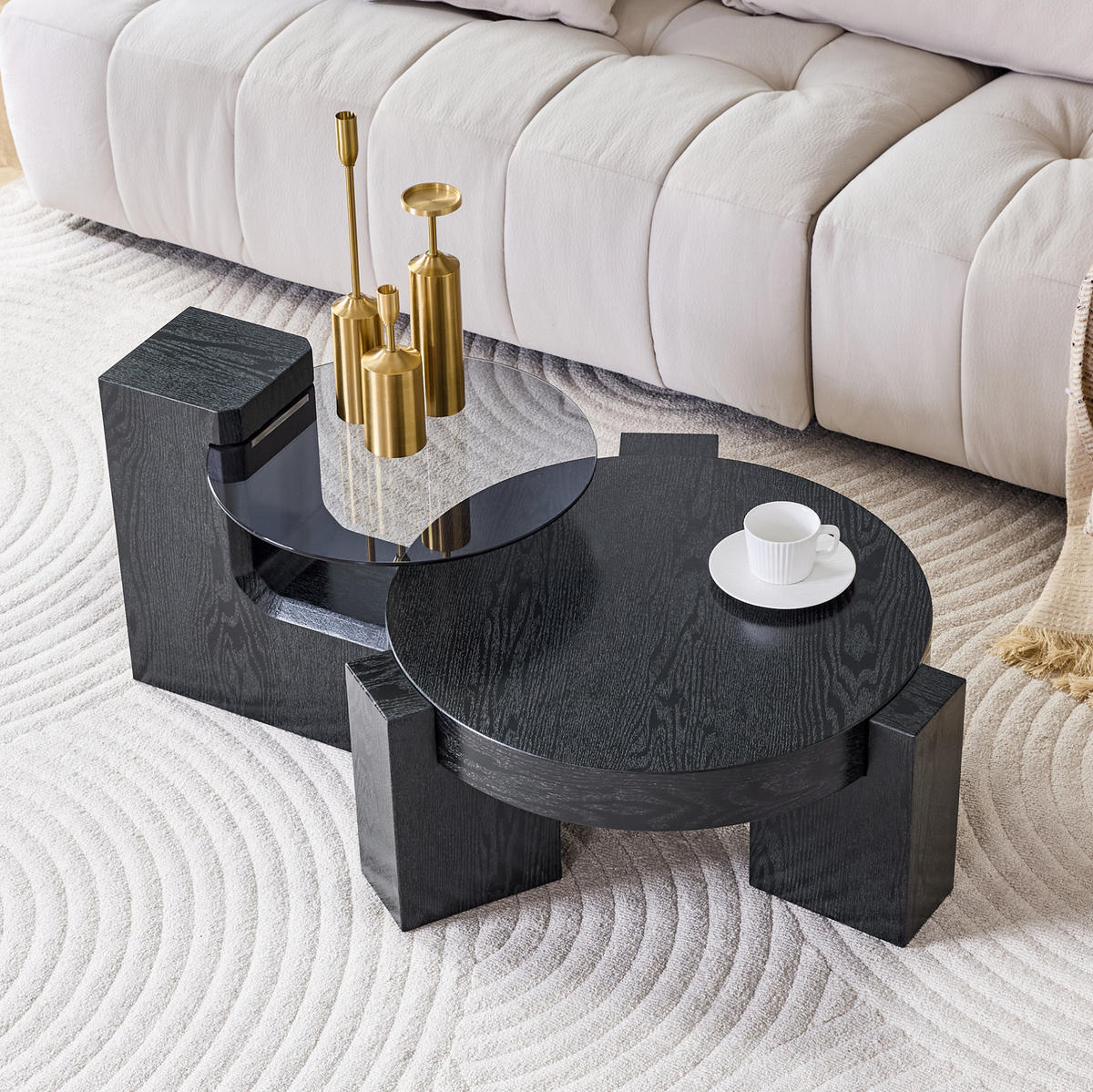 COUCHTISCH-SET rund 61/30 cm aus Glas und MDF in Schwarz mit 2 Ebenen - Schwarz, Holzwerkstoff (61/61/30cm) - Flora Grace