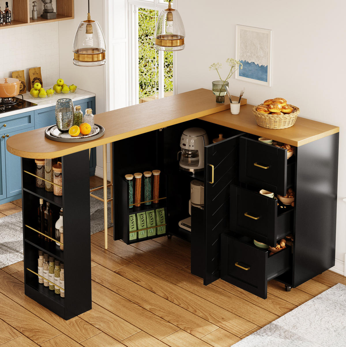 BARTISCH ausziehbar mit Stauraum & 5 Rollen, 135-228/39/104 cm, Schwarz - Schwarz, Holzwerkstoff (39/104/135cm) - Redom
