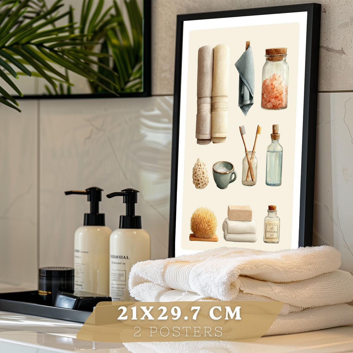 PLAKÁT Sada 2 dekorativních tisků do ve lázeňském stylu Černý rám A4 - černá, papír (29.7/21/3cm) - Nacnic