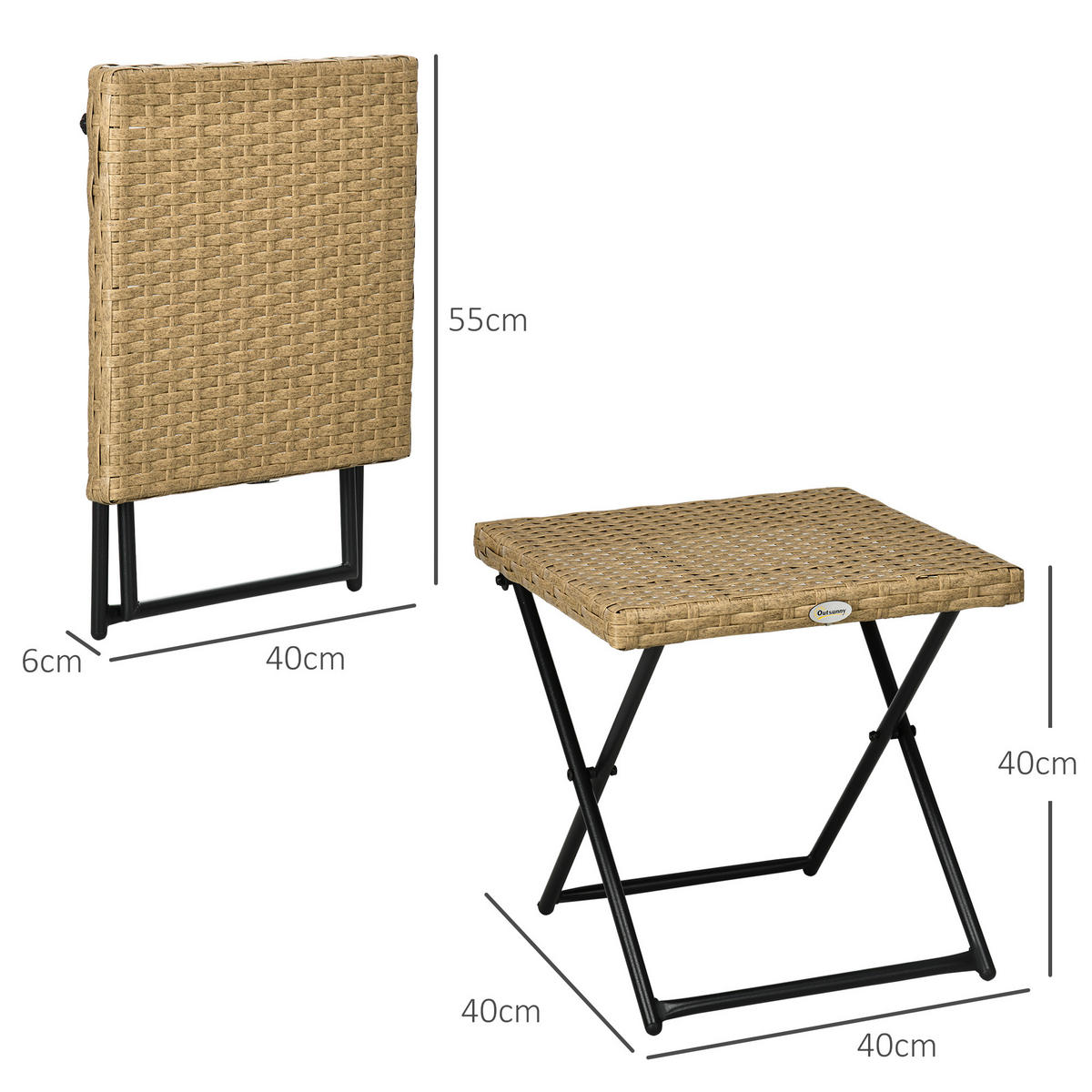 GARTENKLAPPTISCH, Naturholz, Stahl, PE-Rattan - Naturfarben, Kunststoff (40/40/40cm) - Outsunny