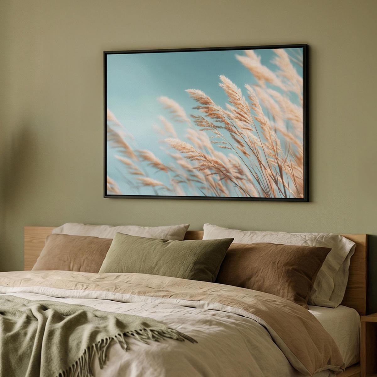 LEINWAND Bilder mit Rahmen - Ziergras - Wind - Hellbraun - 100x70 - Hellblau, Textil (100/70cm) - MuchoWow
