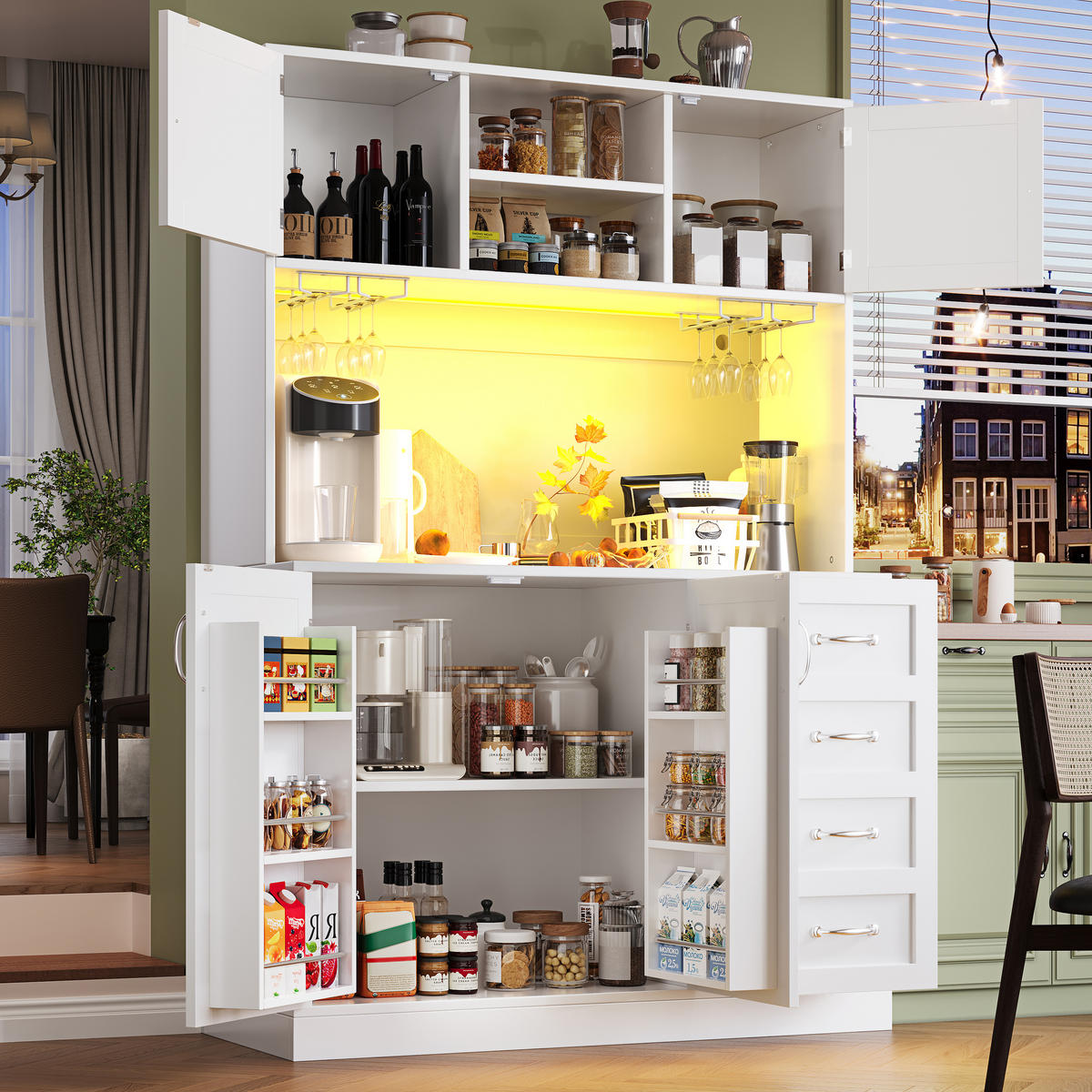 GESCHIRRSCHRANK aus MDF 120x40x188 cm in Weiß mit LED-Lichtleiste - Weiß, Holzwerkstoff (120/180/40cm) - Modfu