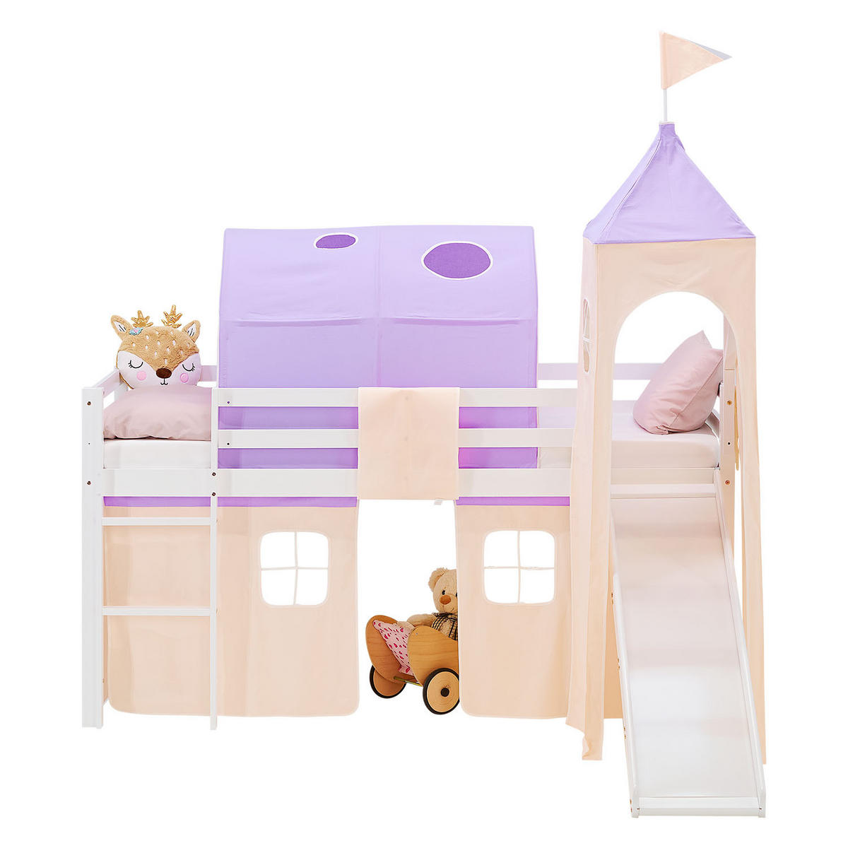 HOCHBETT 90/200 cm in weiß Rutsche Bettvorhang Turm Tunnel peach - Lila/Weiß, Holz/Textil (90/200cm) - Homestyle4u