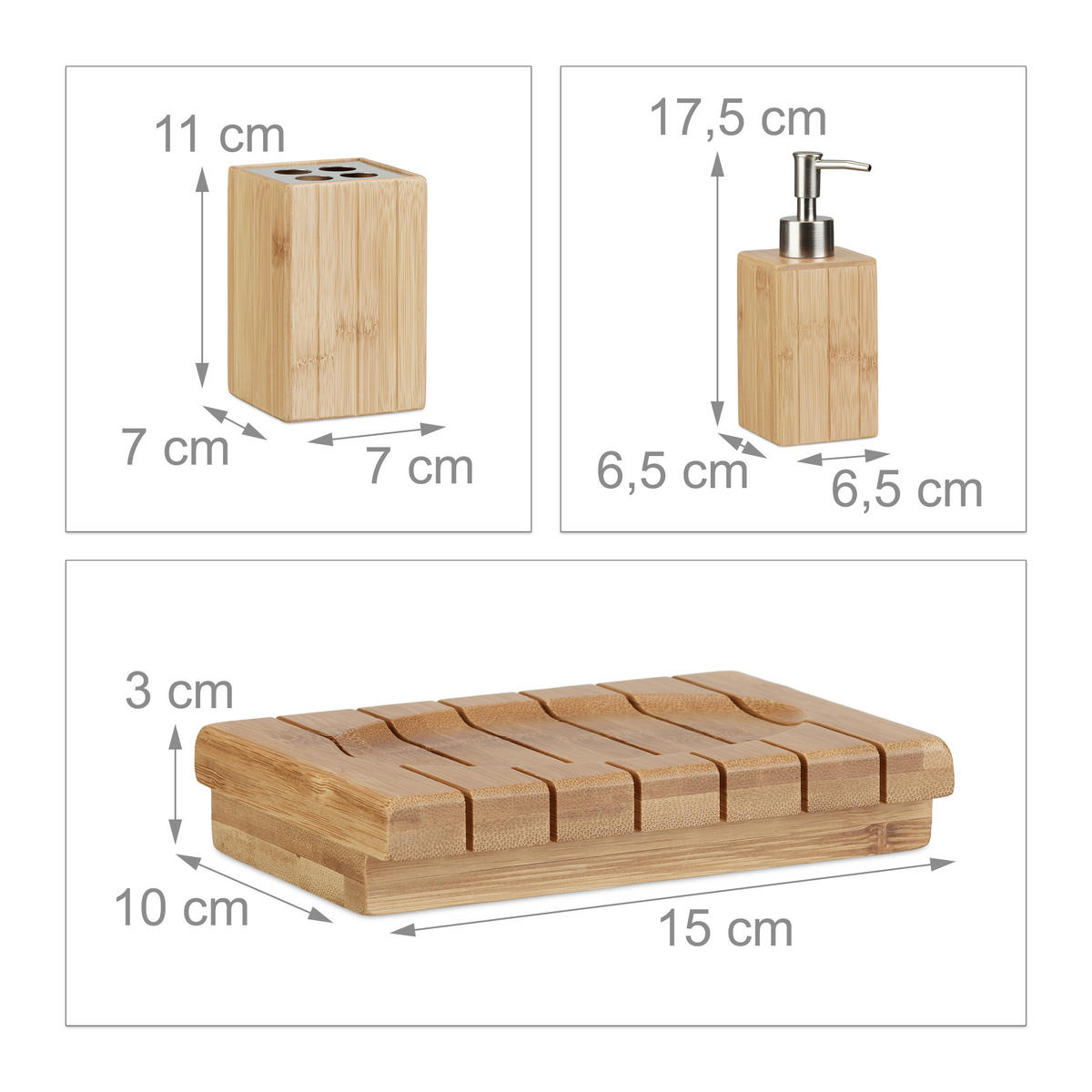 3XBADACCESSOIRES-SET - Hellbraun, Holz/Kunststoff (15/17.5/10cm) - Relaxdays