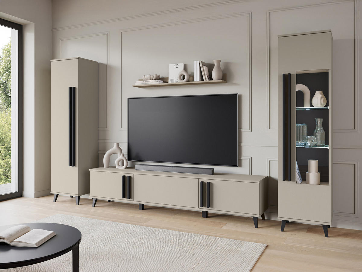 WOHNWAND Helsinki II mit weißer LED Beleuchtung - Beige/Schwarz, Holzwerkstoff/Kunststoff (180/70/33cm) - MIRJAN24