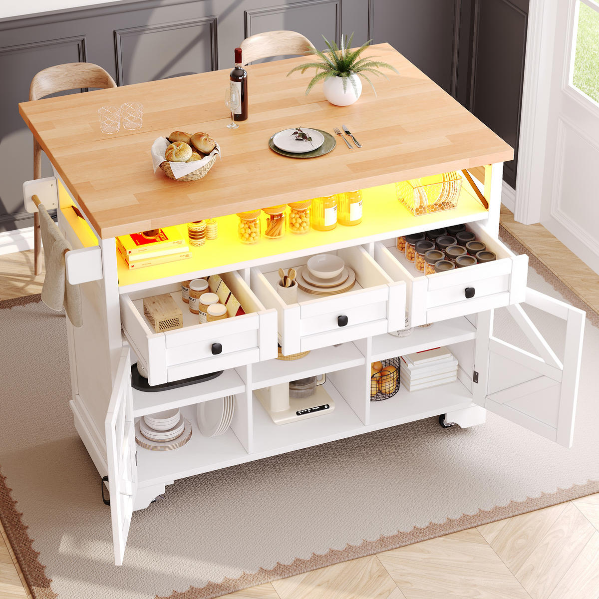 KÜCHENINSEL 120/43/98 cm Weiß aus MDF mit Klapptisch und LED - Weiß, Holzwerkstoff (120/98/43cm) - OKWISH