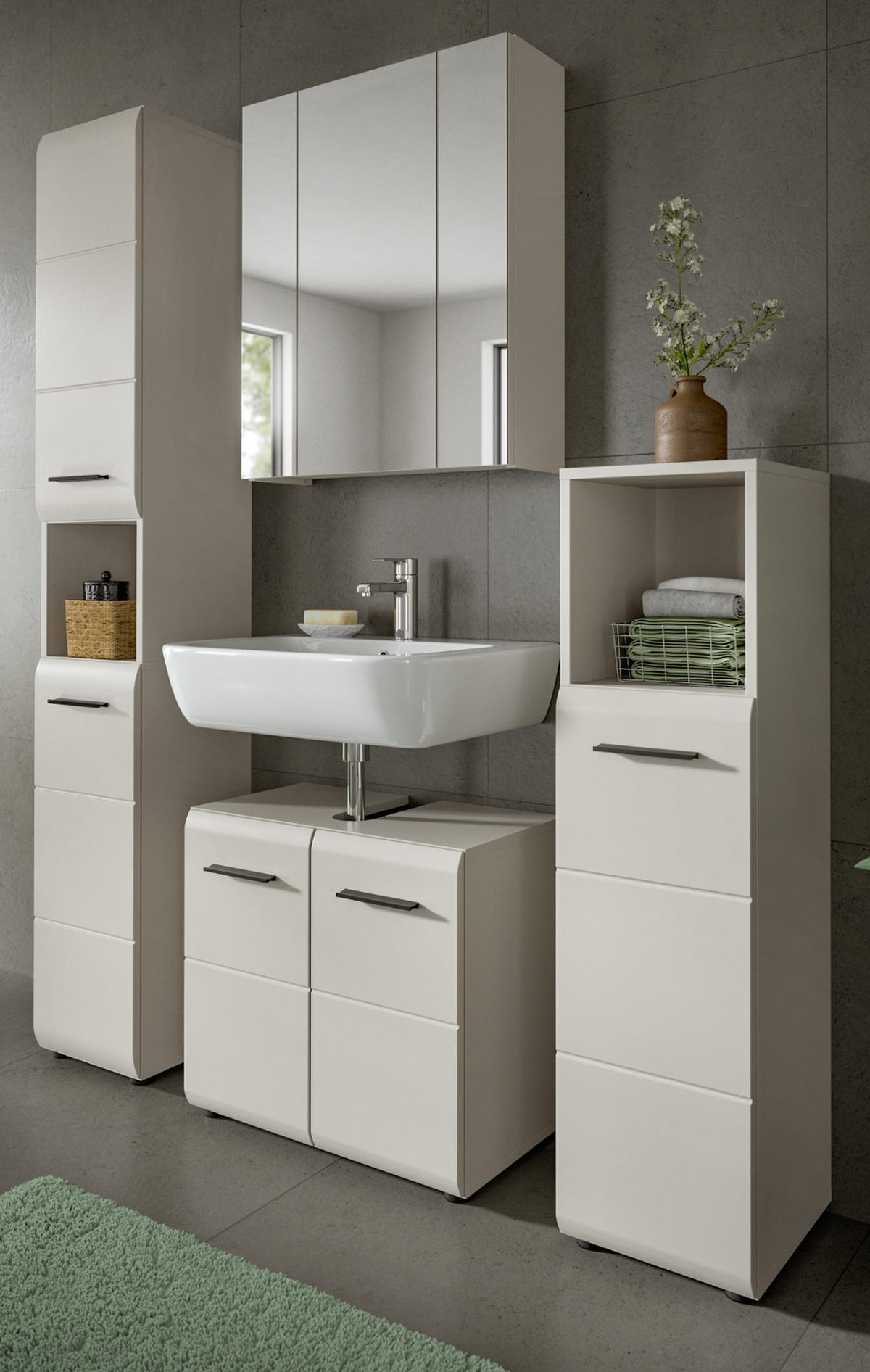BADMÖBEL-SET Kaschmir 150 cm 4-teilig, Badezimmer Schränke mit viel Stauraum - Kaschmir/Schwarz, Glas/Holzwerkstoff (150/185/30cm) - Inn.Furn