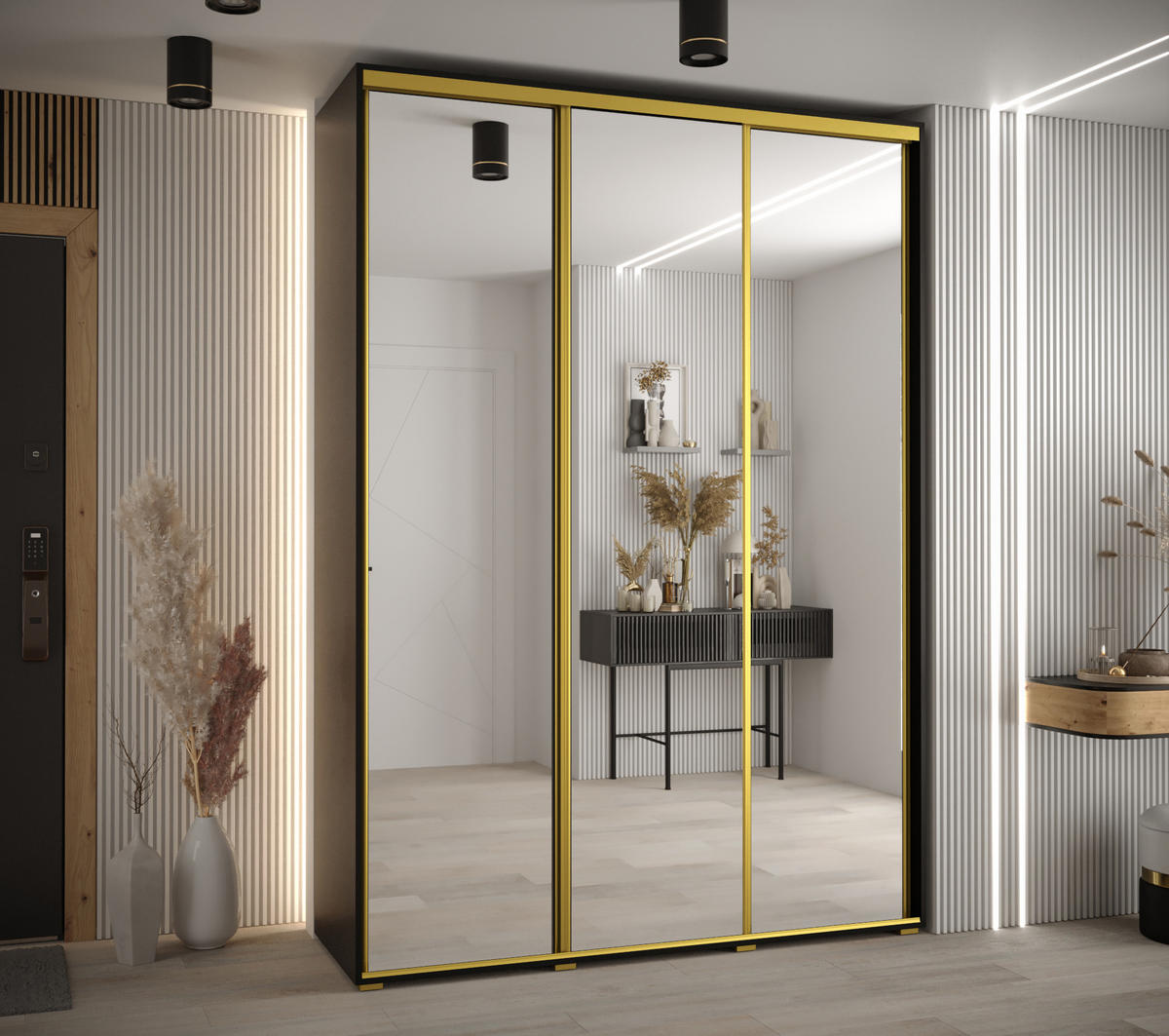 SCHWEBETÜRENSCHRANK 235,2/180/60 3-türig - Goldfarben/Schwarz, Holz/Metall (180/235/60cm) - Abiks Möbel