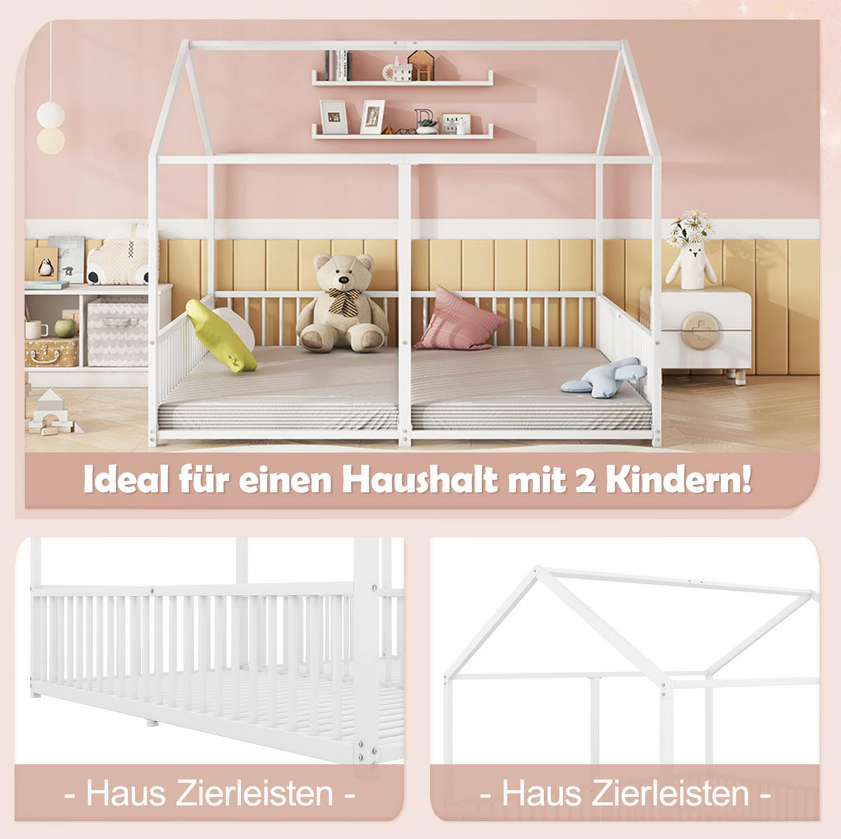 HAUSBETT 90/200 cm Weiß aus Metall in Hausform mit Leiter und Geländer - Weiß, Metall (90/200cm) - OKMYHOME