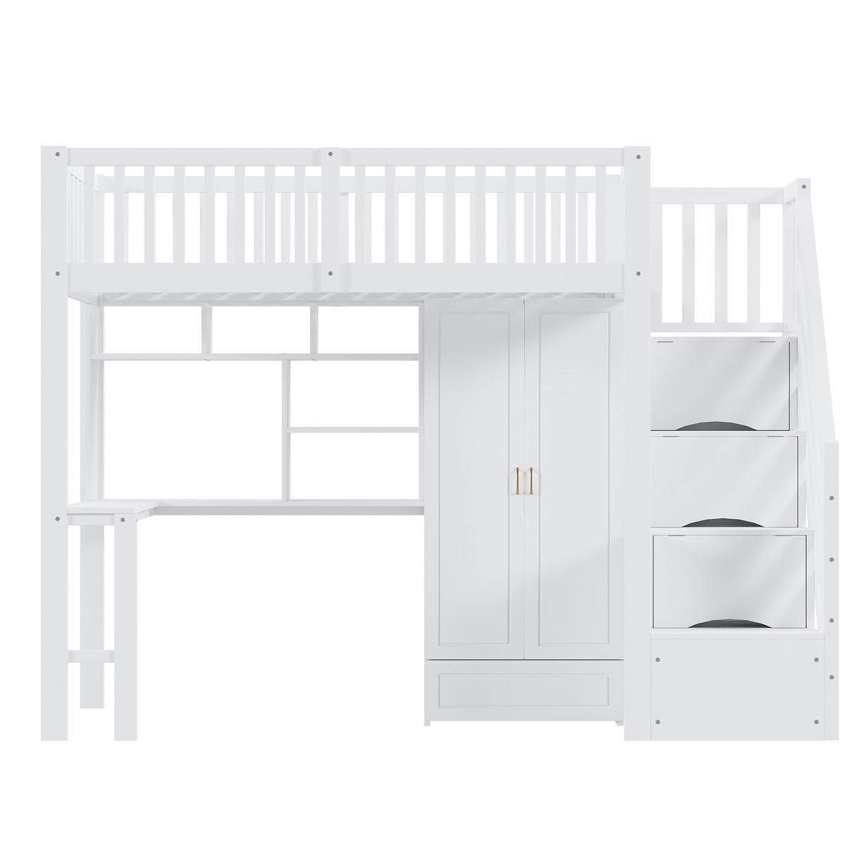 HOCHBETT aus Kiefernholz 90x200 cm Weiß mit Kleiderschrank, Schreibtisch und Stauraumtreppe - Weiß, Holzwerkstoff (90/190cm) - IVMEU