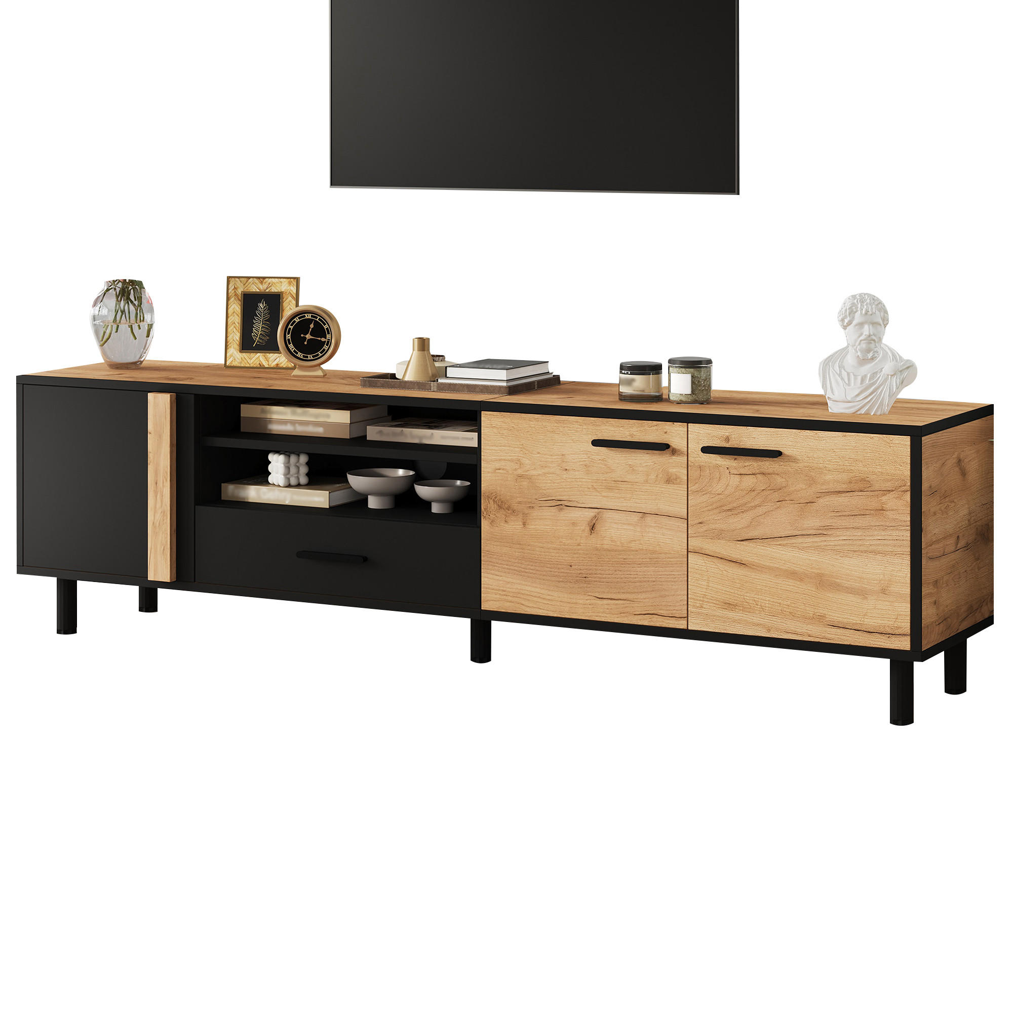 TV-SCHRANK Schwarz-Holzoptik aus Spanplatte mit 5 Stützbeinen 180 × 32,5 × 50 cm - Naturfarben, Holzwerkstoff (180/50/32.5cm) - Luhomfu