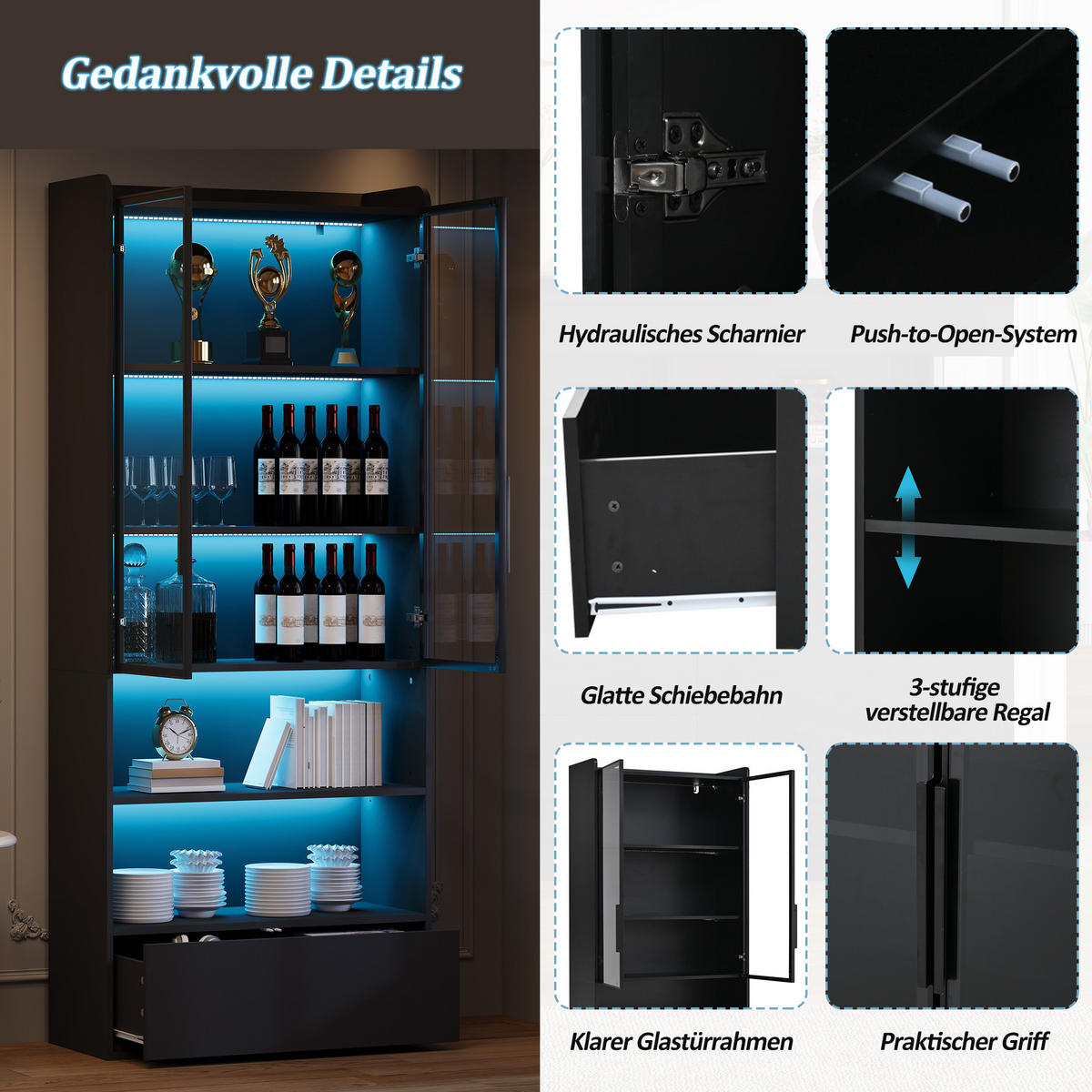 VITRINE schwarz mit Glastüren, einer Schublade und App-gesteuerter LED-Beleuchtung 80 × 34 × 180 cm aus MDF und Glas - Schwarz, Holzwerkstoff (80/180/34cm) - Luhomfu