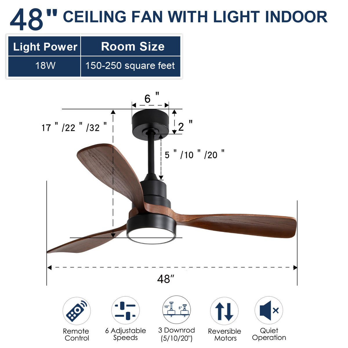 DECKENVENTILATOR DE-16325 48 Zoll mit 3 Massivholz-Flügeln - Schwarz, Holz/Metall (122/122/43.5cm) - ComfortXL