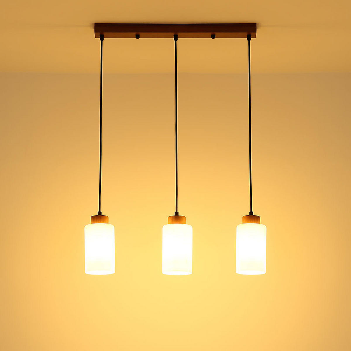 PENDELLEUCHTE Holz braun, 3-flammig, Glas opal - Braun, Holz (60/10/120cm) - Globo Lighting