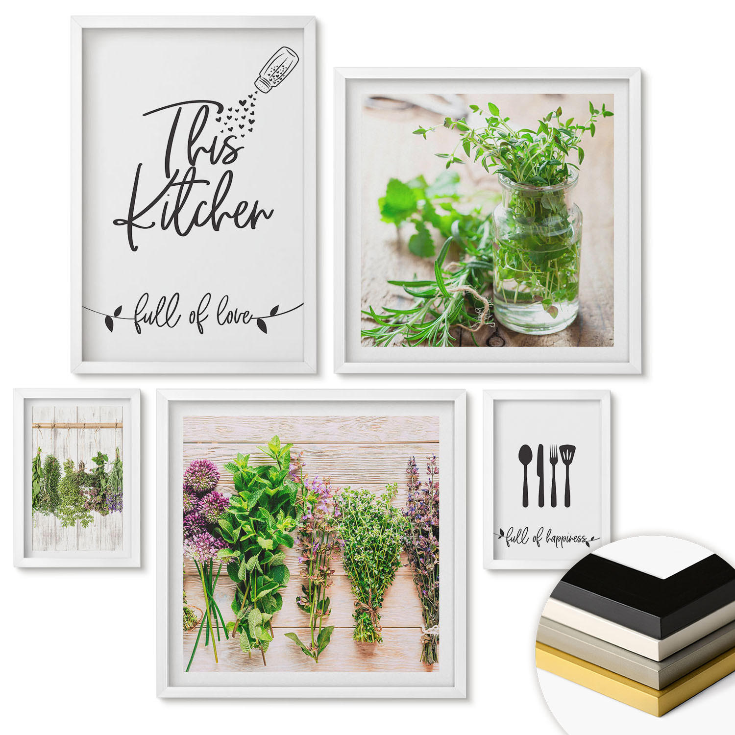 WANDBILDER 5er-Set - 50x50 cm & 20x30 cm & 40x60 cm Weißer Rahmen - Kräuterpflanzen zum Trocknen in der Küche - Weiß, Kunststoff (40/60cm) - ArtPrintCave