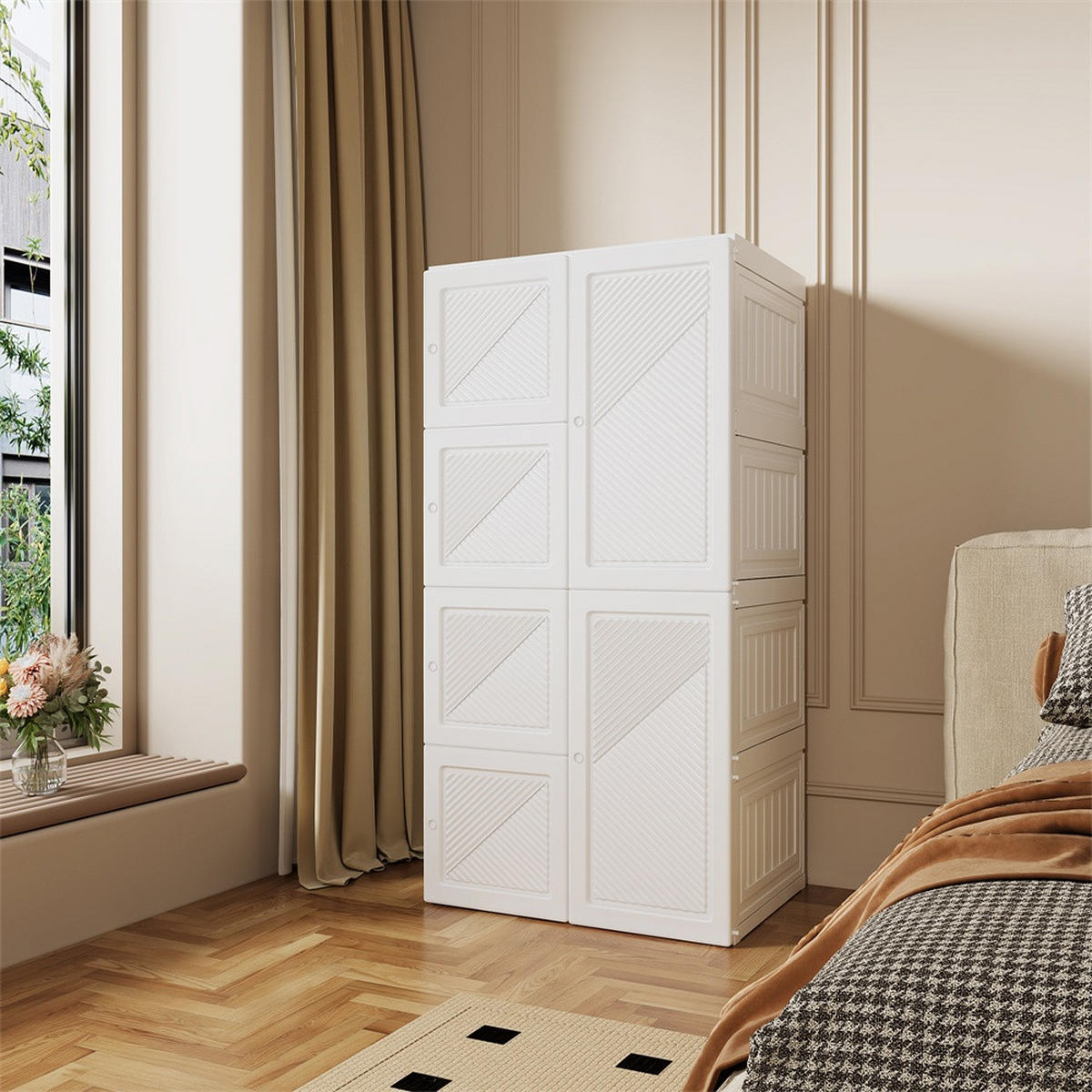 KLEIDERSCHRANK - Faltbarer Kleiderschrank mit Türen - 5 Fächer und 1 Kleiderstange - Montagefrei - Weiß - Weiß, Kunststoff (50/136/69cm) - DELFA