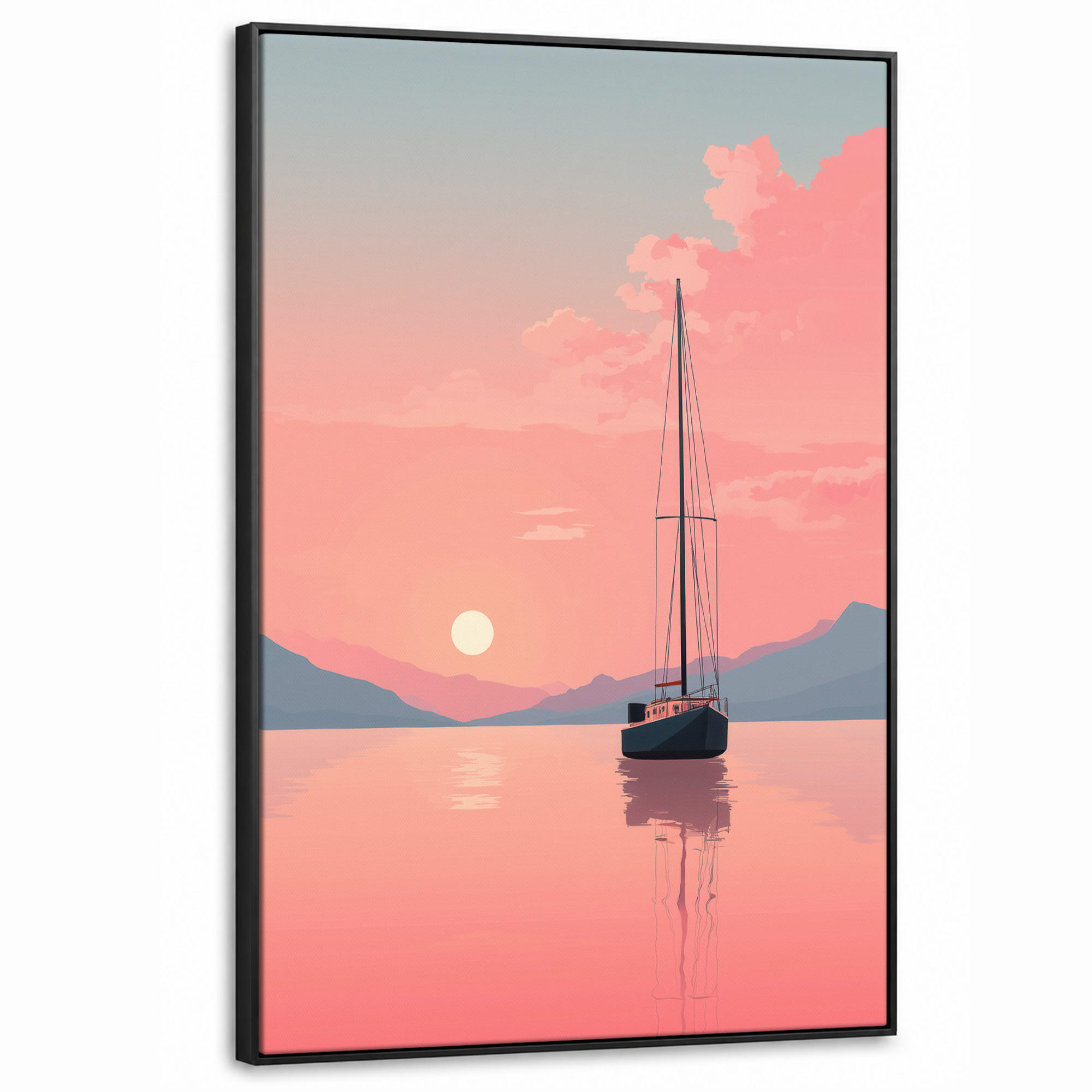 LEINWAND Bilder mit Rahmen - Segelboot - Rosa Meer - Sonnenuntergang - Berge - 90x140 - Rosa, Textil (90/140cm) - OnlyWow
