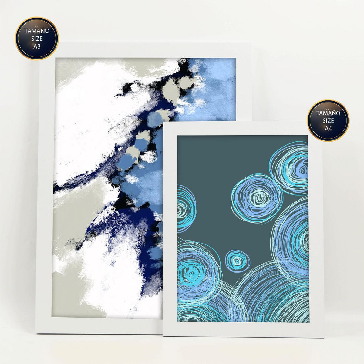 POSTER Set Mit 6 Blaue altmodische abstrakte Landschaften Größe A3 & A4 Weißer Rahmen - Weiß, Papier (29.7/1cm) - Nacnic