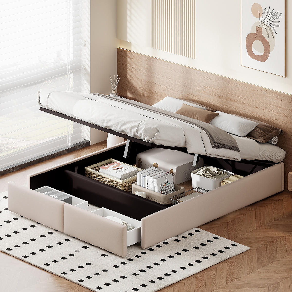 POLSTERBETT 140/200 cm, mit hydraulischem Stauraum und 2 Schubladen, keiner Kopfteil, Beige - Beige, Holzwerkstoff (140/200cm) - Brevoria