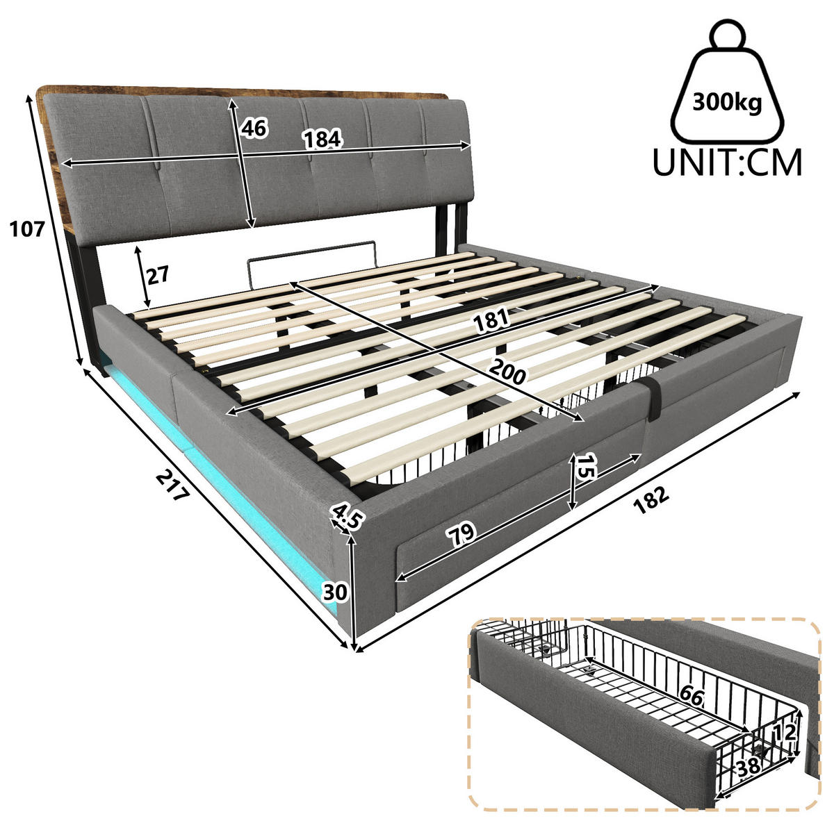 POLSTERBETT 180/200 cm aus Leinen mit hydraulischem Bettkasten, USB-/Typ-C-Anschluss, LED-Beleuchtung, Grau - Grau, Textil (180/200cm) - Redom