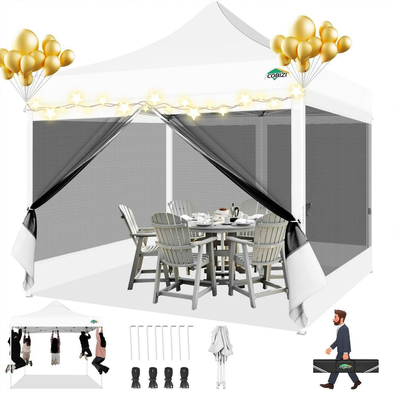 GARTENPAVILLON 3x3m Wasserdicht mit 4 Netz-Seitenwänden Weiß - Weiß, Textil (300/335/300cm)
