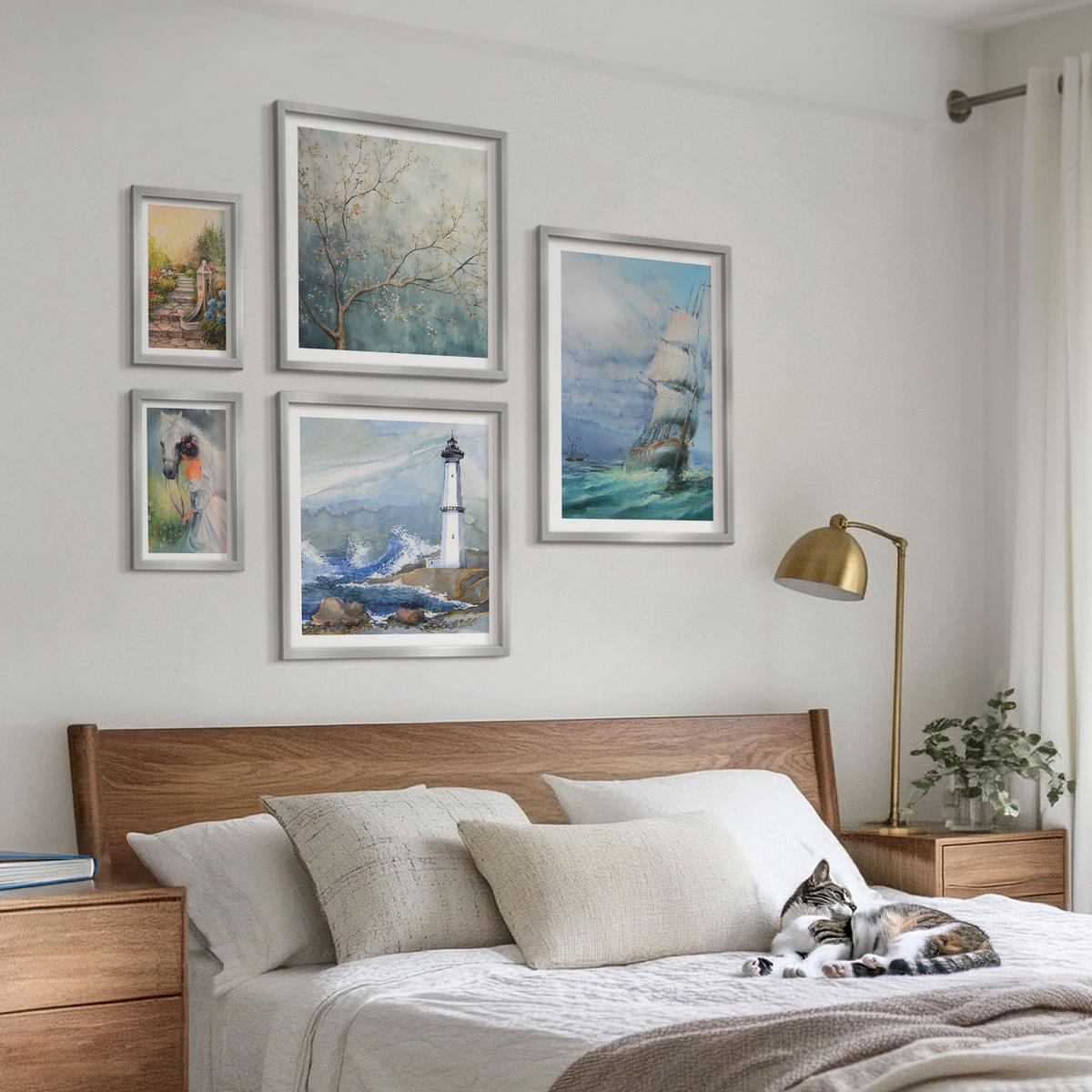WANDBILDER 5er Set - 50x50 cm & 20x30 cm & 40x60 cm Silberner Rahmen - Familienillustrationen Hausschilder - Silberfarben, Kunststoff (40/60cm) - ArtPrintCave