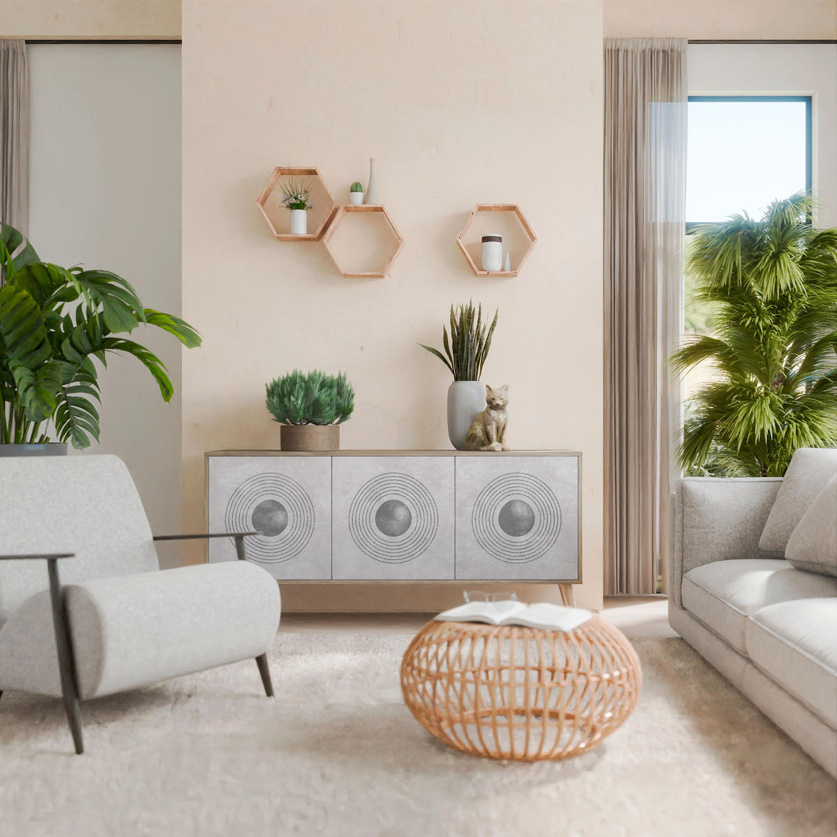 SIDEBOARD SOLID CIRCLES, Eicheneffekt, 164,5x42x77,5 cm, 3 Türen - Eichefarben/Buchefarben, Holzwerkstoff/Buchenholz (164.5/77.5/42cm) - SpaceRebels