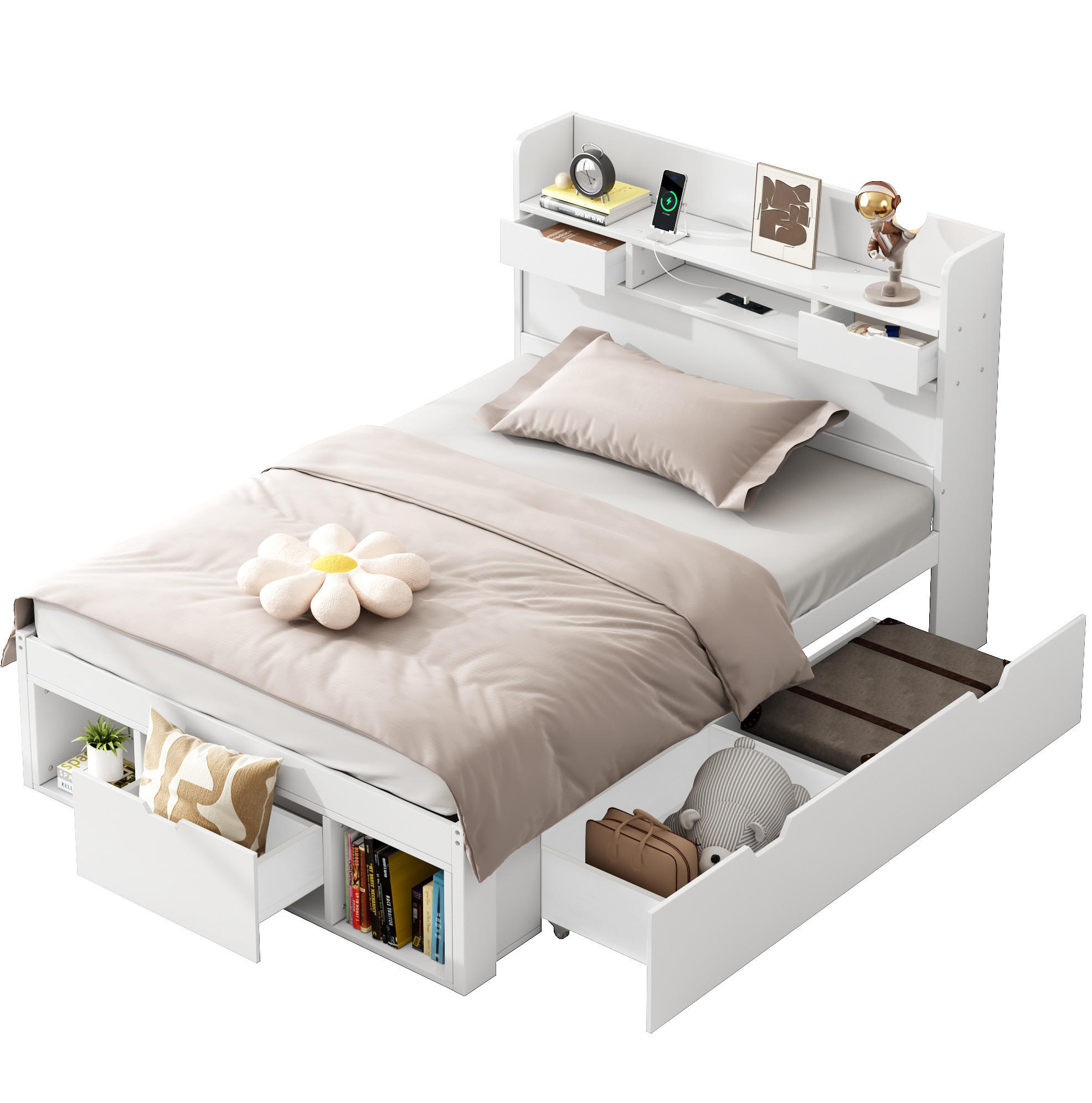 DETSKÁ posteľ 90/200 cm z borovice biela s USB portom a úložným priestorom - biela, kompozitné drevo (90/200cm) - BEAOK