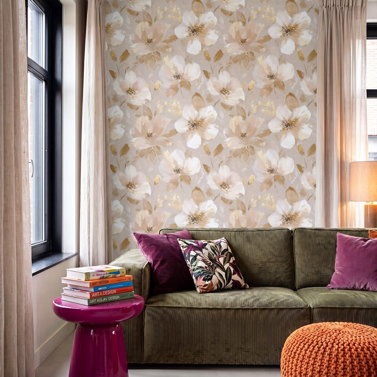 TAPETE - Blumen - künstlerisch - Gold - 160x240 cm - Beige, Papier (160/240cm) - OnlyWow