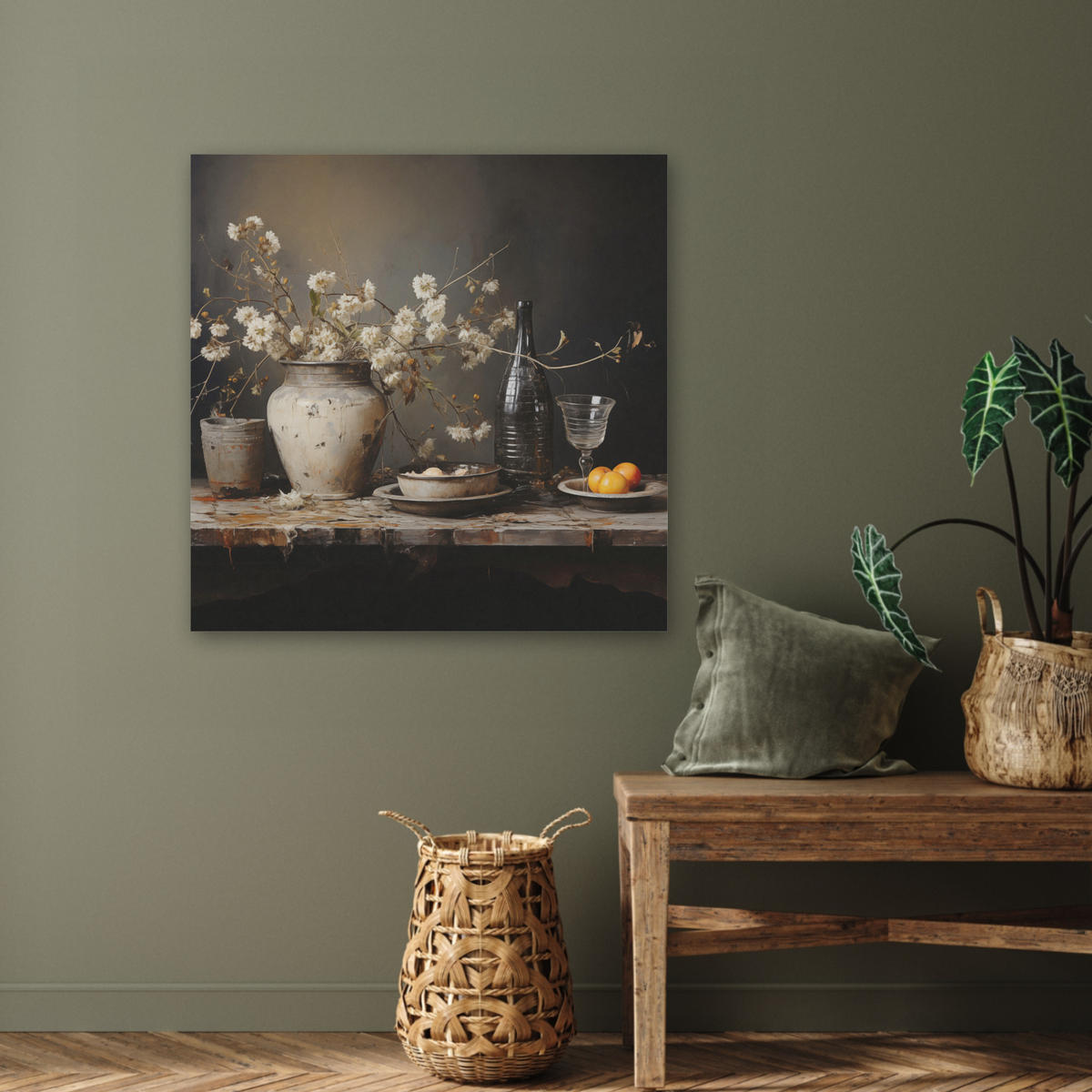 AKUSTICKÝ OBRAZ Zátišie - Kvety - Kytica - Váza - Víno 80x80 cm - čierna, plast (80/80/0.9cm) - MuchoWow